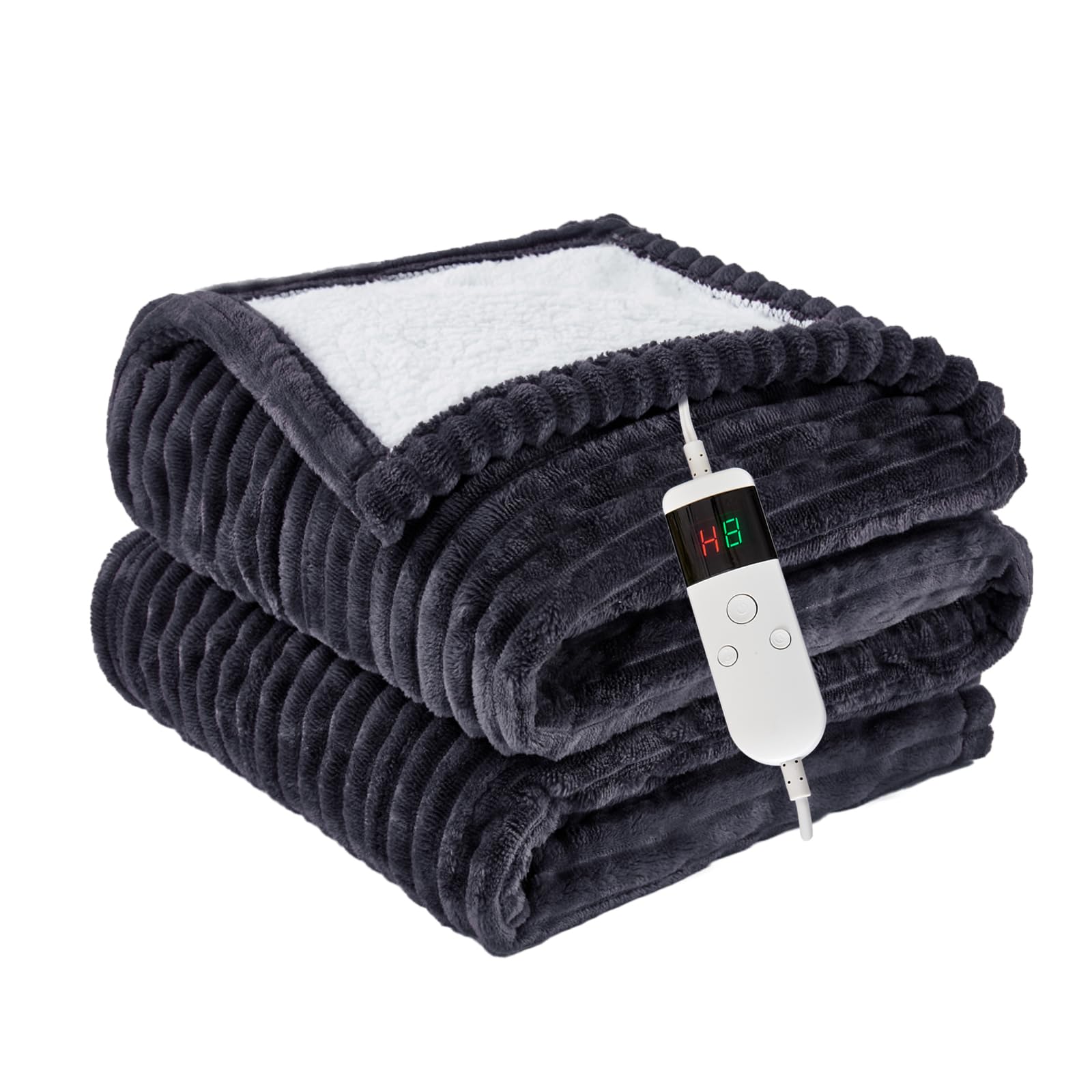 Etokfoks  Grey Cozy Flannel Sherpa Heated Throw Blanket 10 Heat Levels 8 Hours Auto Off Overheat Protection