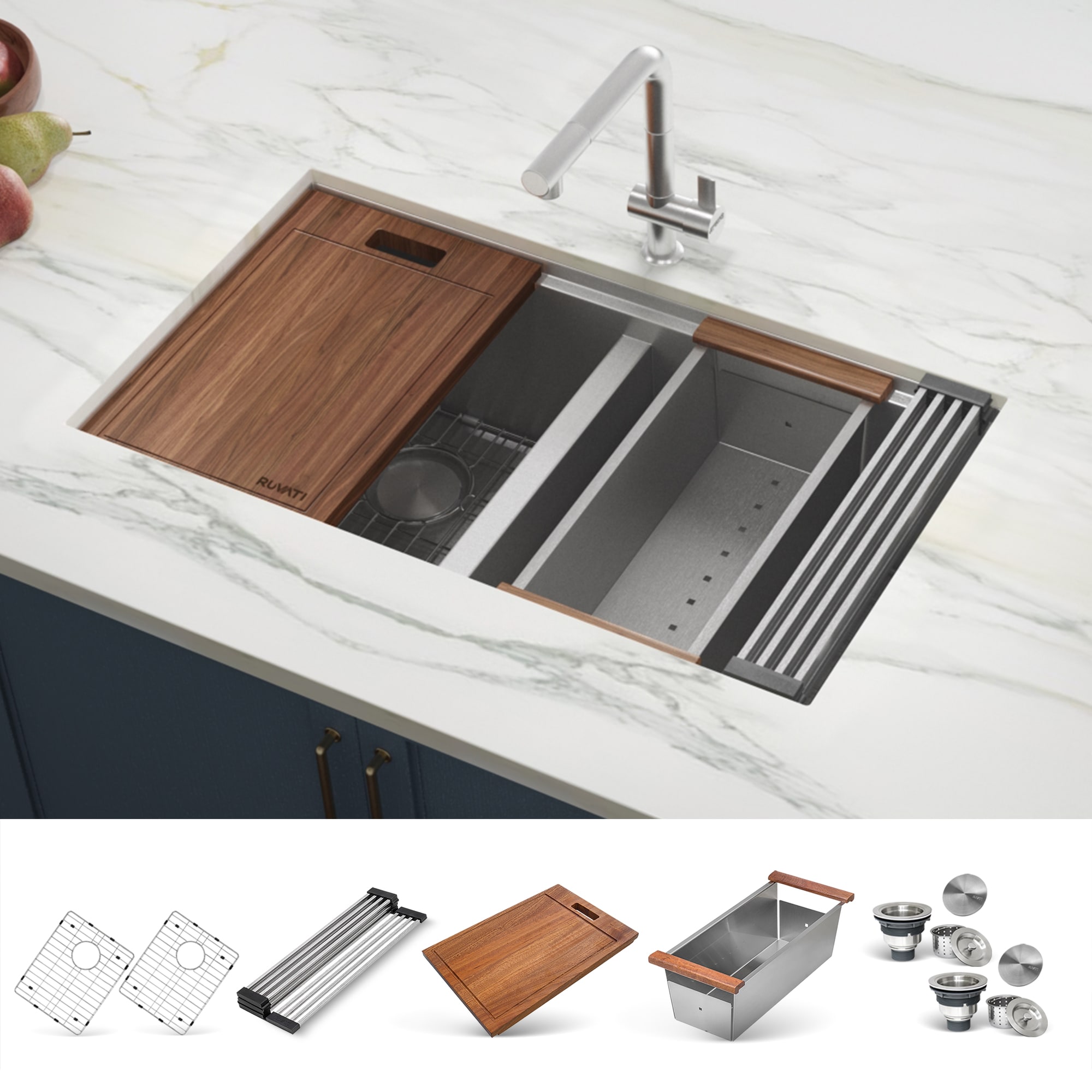 Ruvati RVH8345 Roma Undermount 30-Inches x 19-Inches Stainless steel Double equal bowl 16 -Gauge Workstation Kitchen Sink