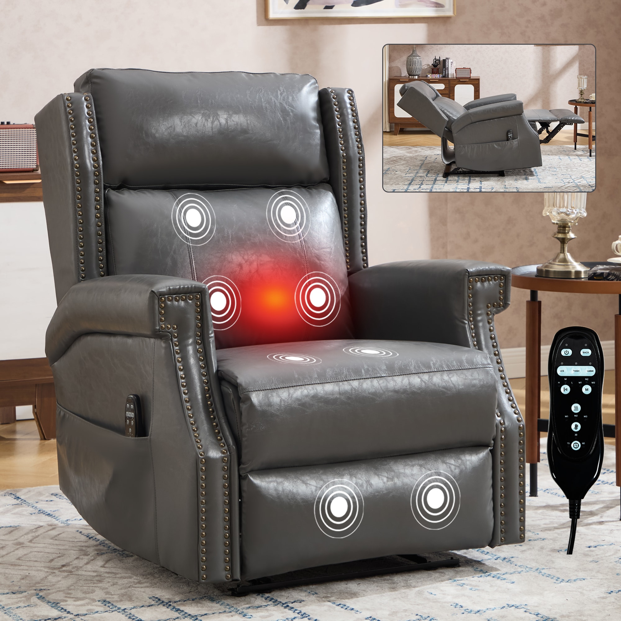 Huluwat - Grey Manual Recliner Chair in Faux Leather for Living Room with Heavy Duty Motion Mecha...