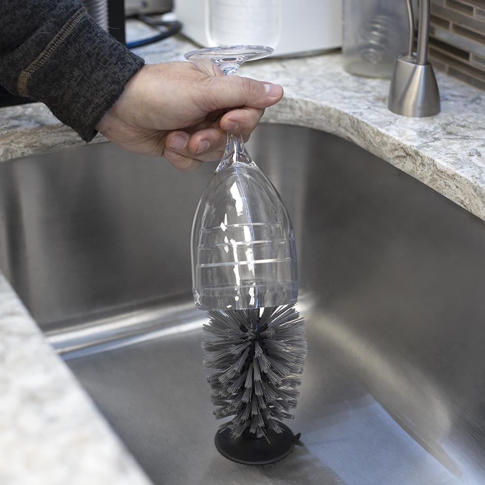 Home Basics Soap Dispensing Plastic Dish Brush with No Slip Grip Handle,  Grey, KITCHEN ORGANIZATION