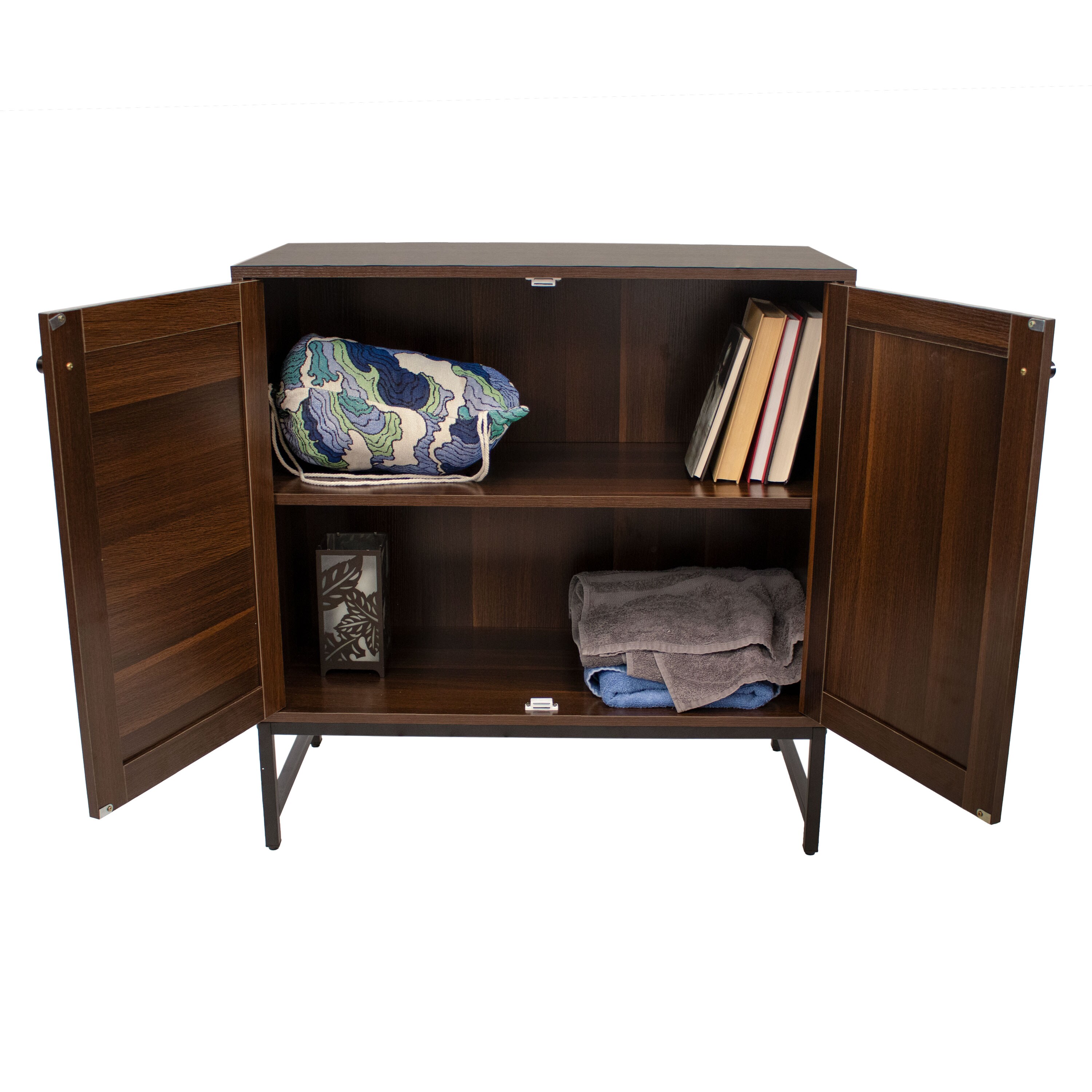 Dark Brown MDF and Rattan 2-Door Office Cabinet with Adjustable Shelving