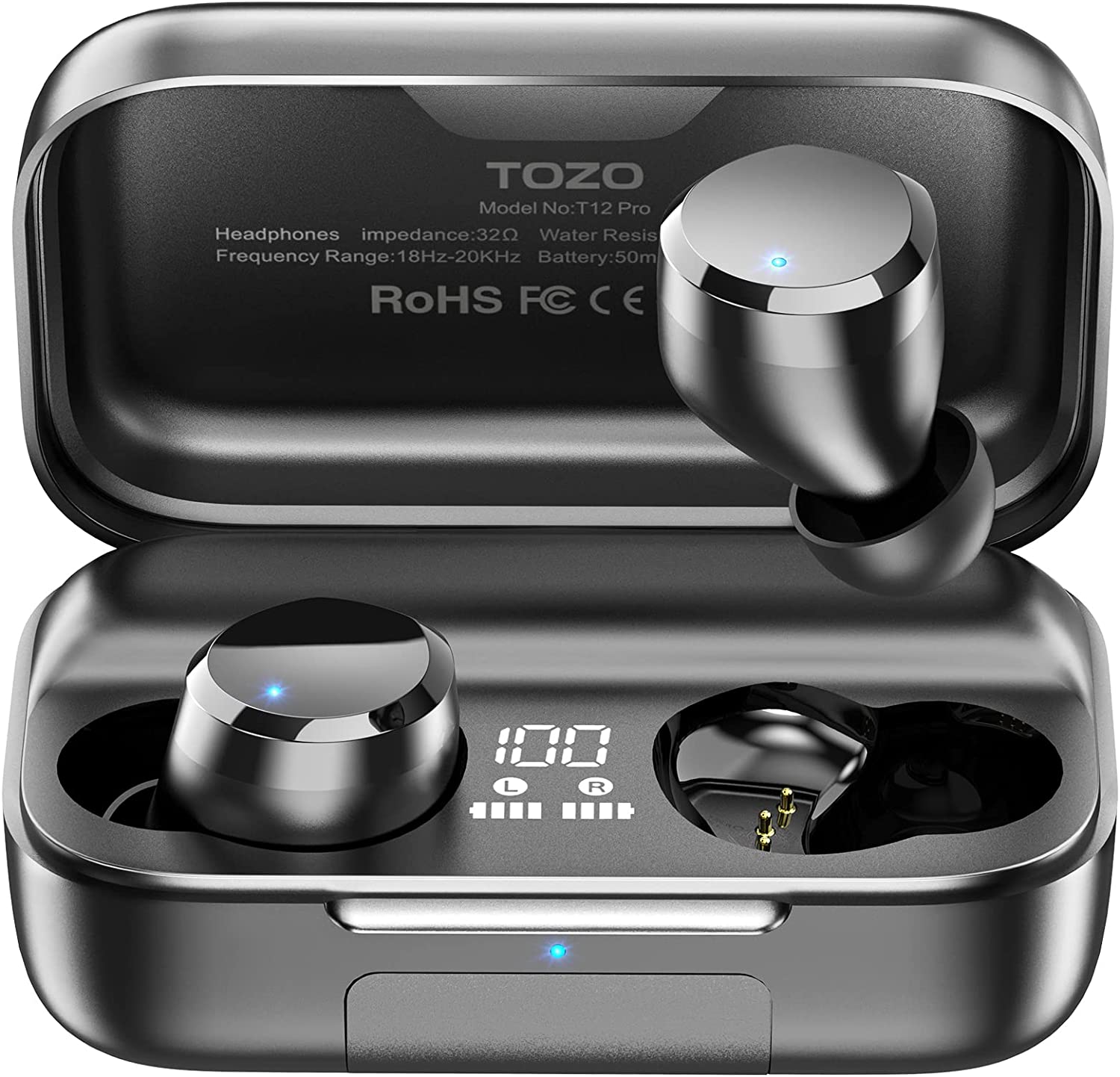 TOZO T12 Pro Noise Cancellation Bluetooth Earbuds Waterproof with Wireless Charging Case - Black