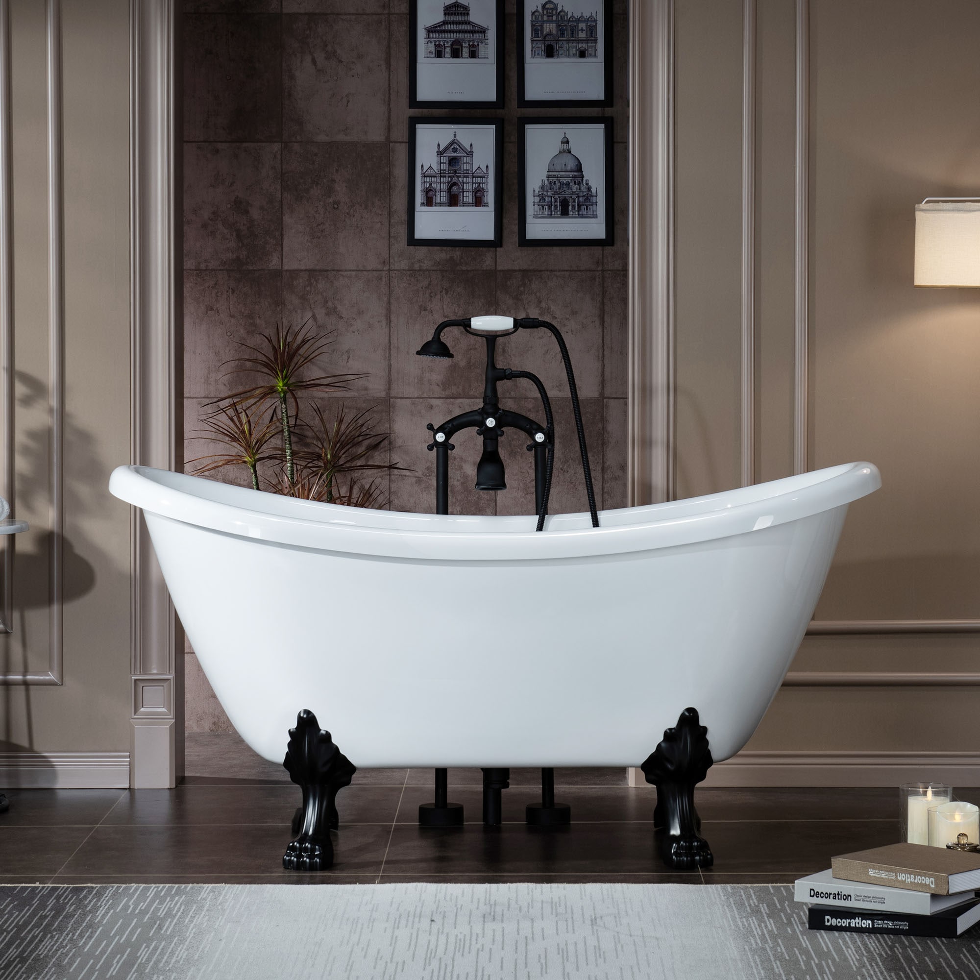 Topeka 28.375-in x 59-in White with Matte Black Trim Acrylic Oval Clawfoot Soaking Bathtub with Faucet and Drain (Center Drain) | - Woodbridge LB398