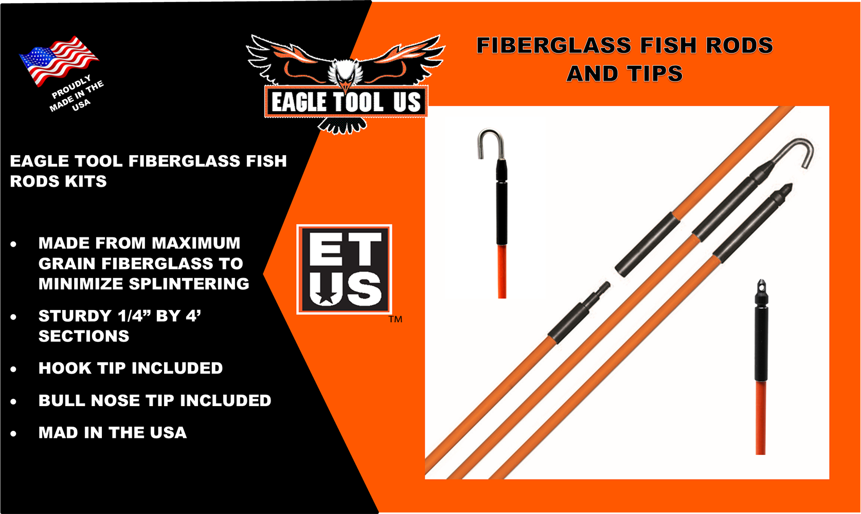 Eagle Tool US 12-ft Fiberglass Fish Poles for Fishing and Pulling Wire and  Cable, 1/4-in Diameter, Splinter-Resistant, Made in USA in the Fish Tape &  Poles department at