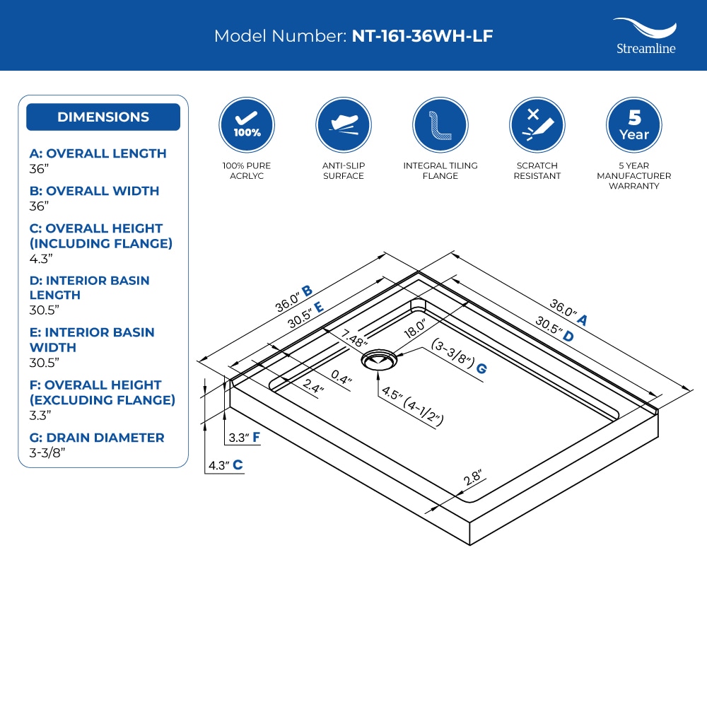 Streamline NT-161-36WH-LF Shower-Floors - View #8