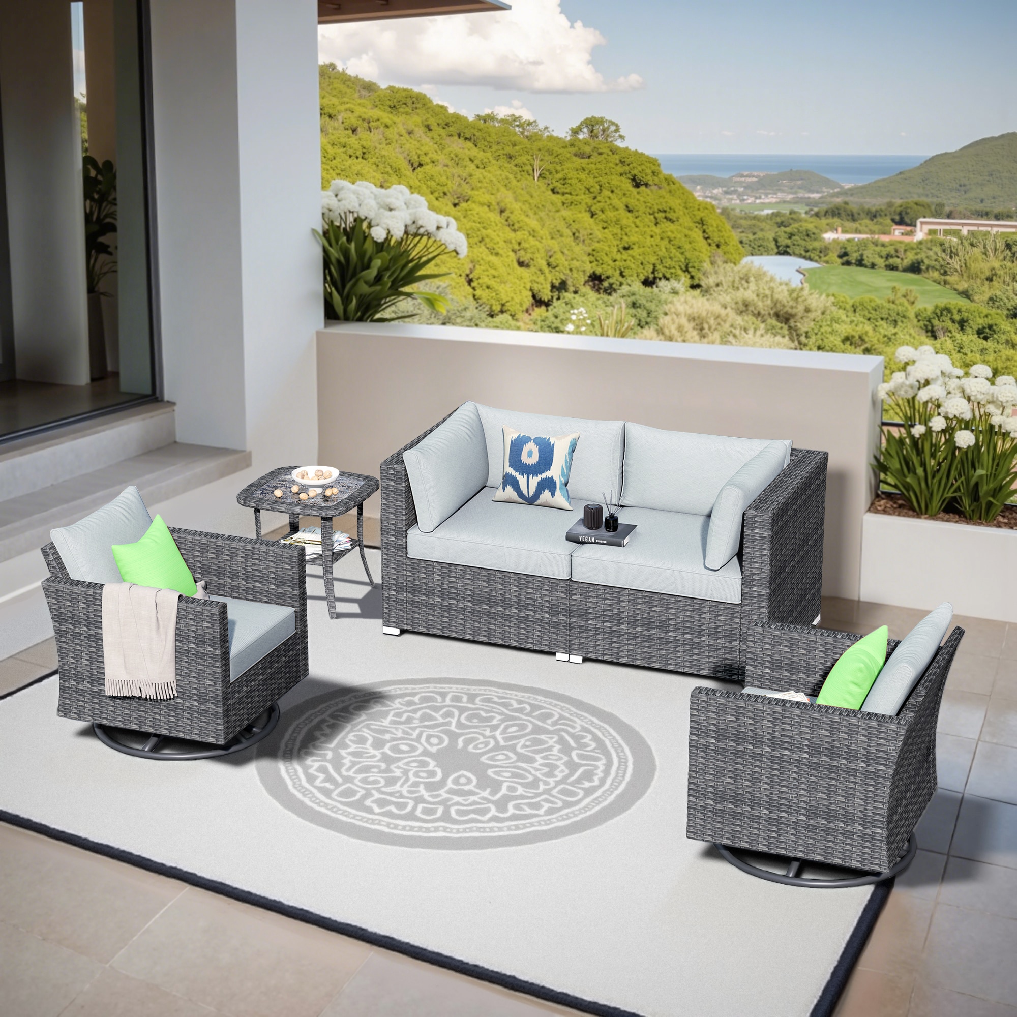 Pouuin SYZHOP4-BOX1 5 -Piece Rattan Patio Conversation Set with Gray Cushions