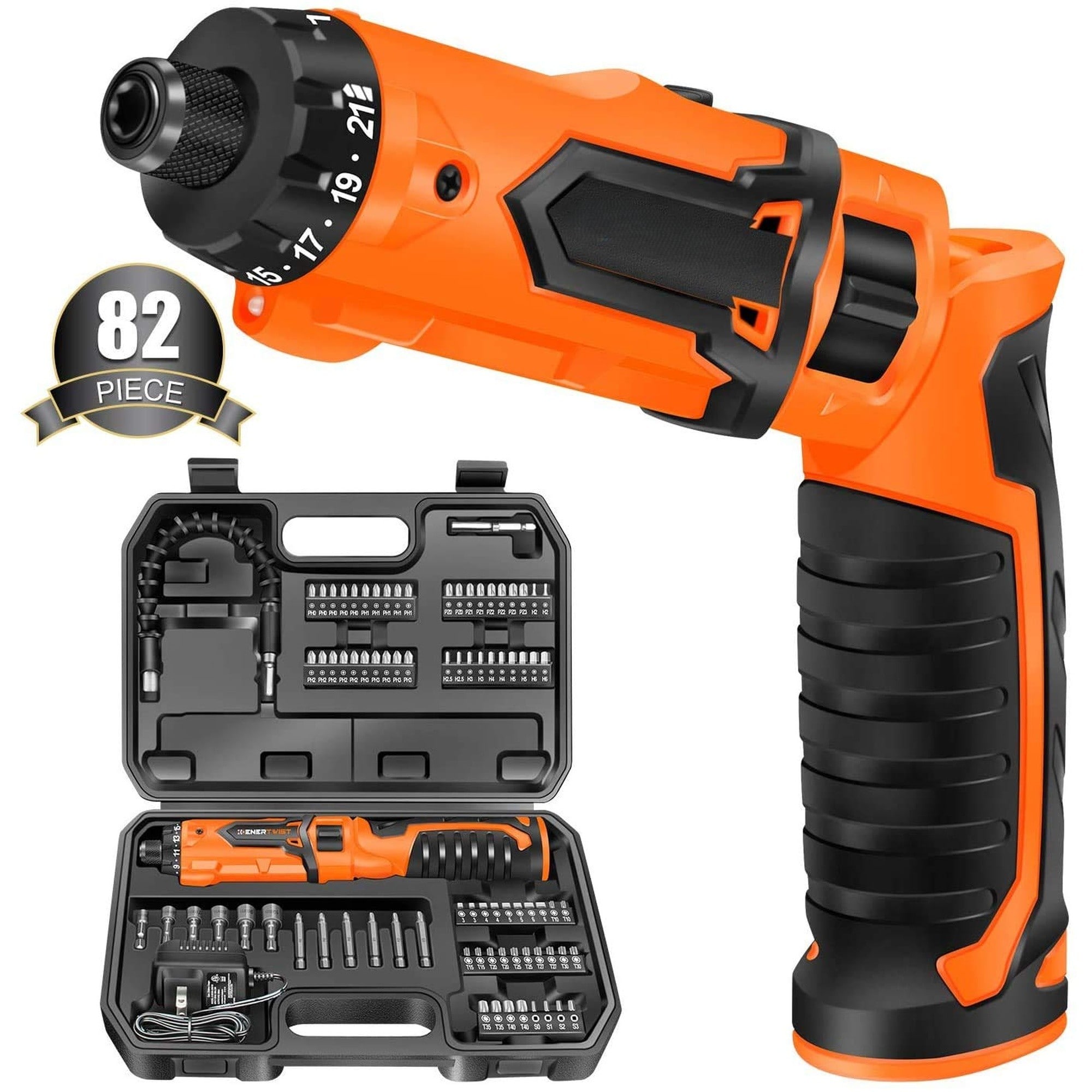 Angel Sar 8V Cordless Electric Screwdriver Set 2000mAh 82 Accessory Kit Max 10Nm 21 plus 1 Torque Ergonomic Dual Position Handle with Carrying Case Safety Lock LED Light for Home DIY