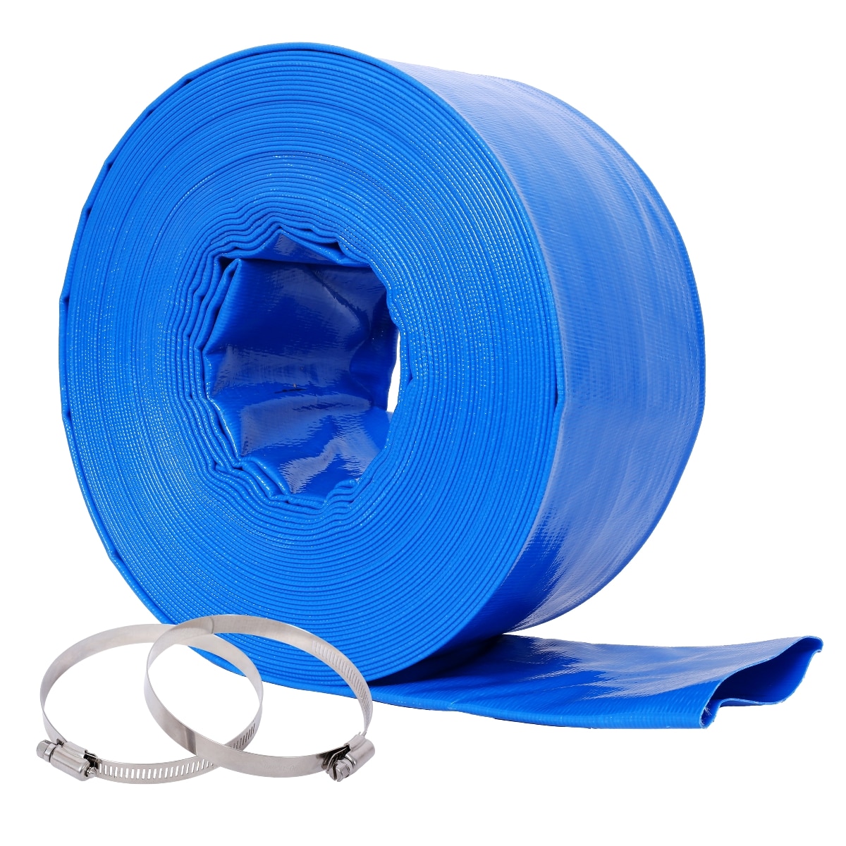 PEXCHO 4 Inch 100 Ft Pool Backwash Hose Heavy Duty Reinforced PVC Lay Flat Hose With 2 Clamps