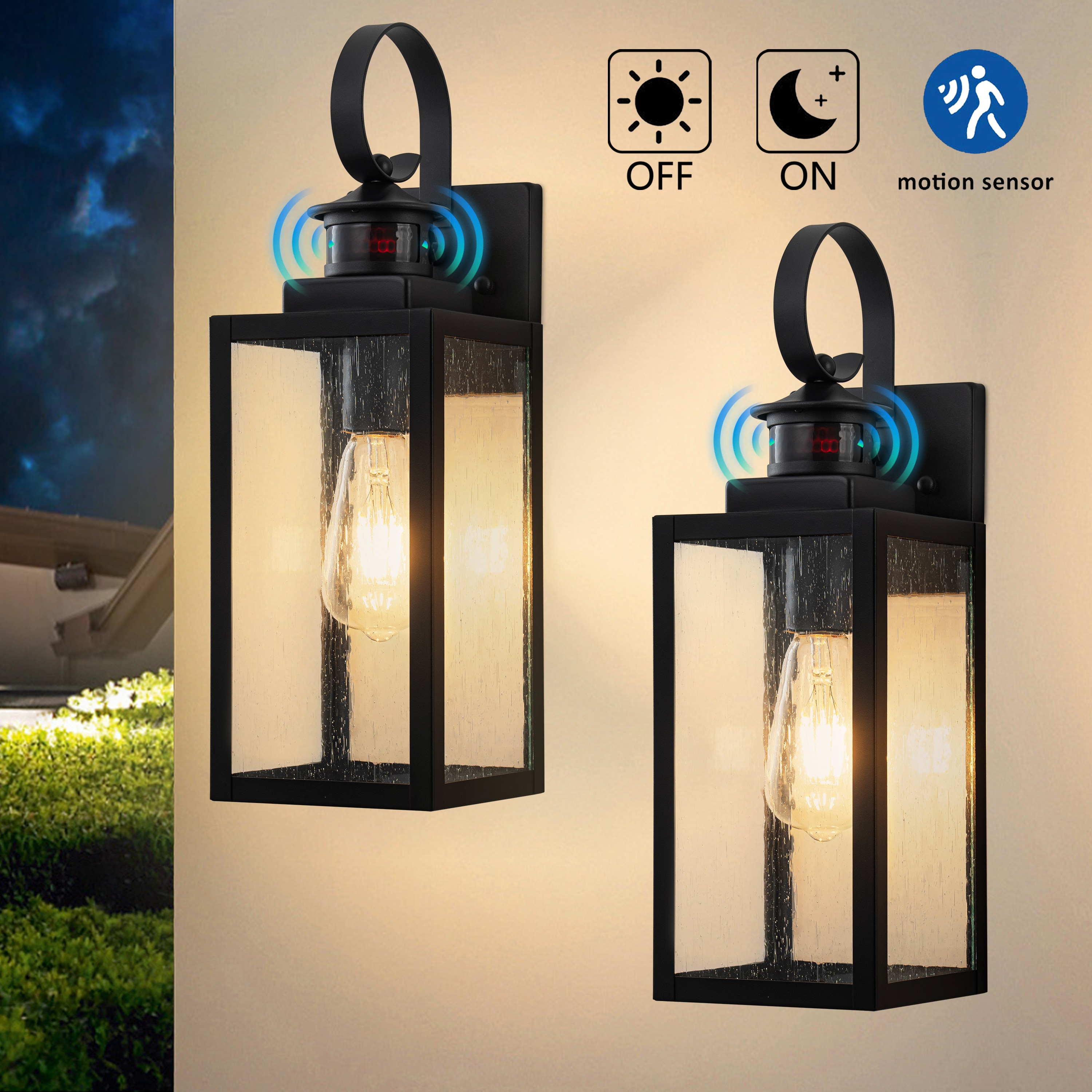 Matte Black Motion Sensor Outdoor Wall Lantern with Clear Glass