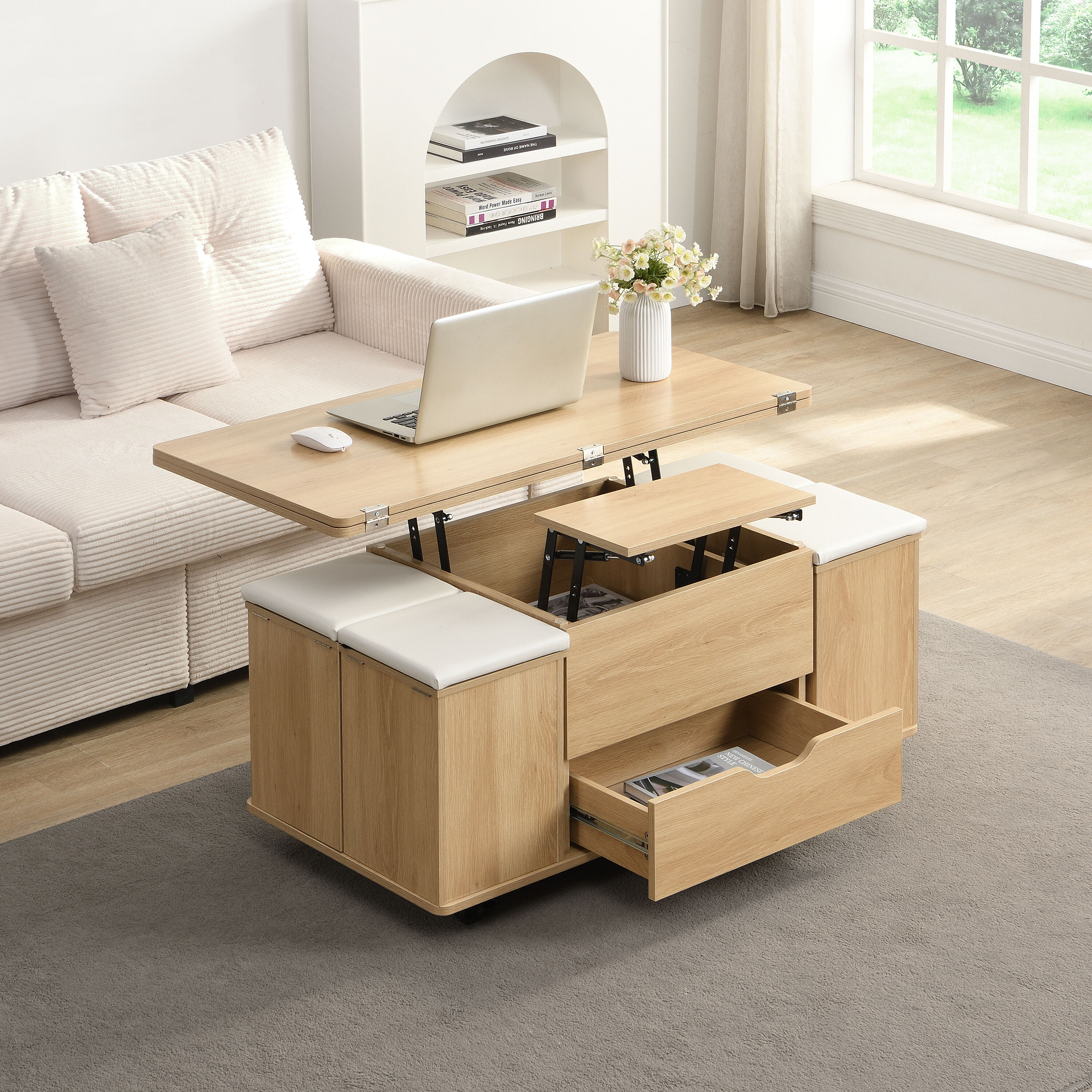 Chance Modern Multi-Functional Lift Top Wood Coffee Table with Hidden Storage Four Stools and Lockable Casters Natural White