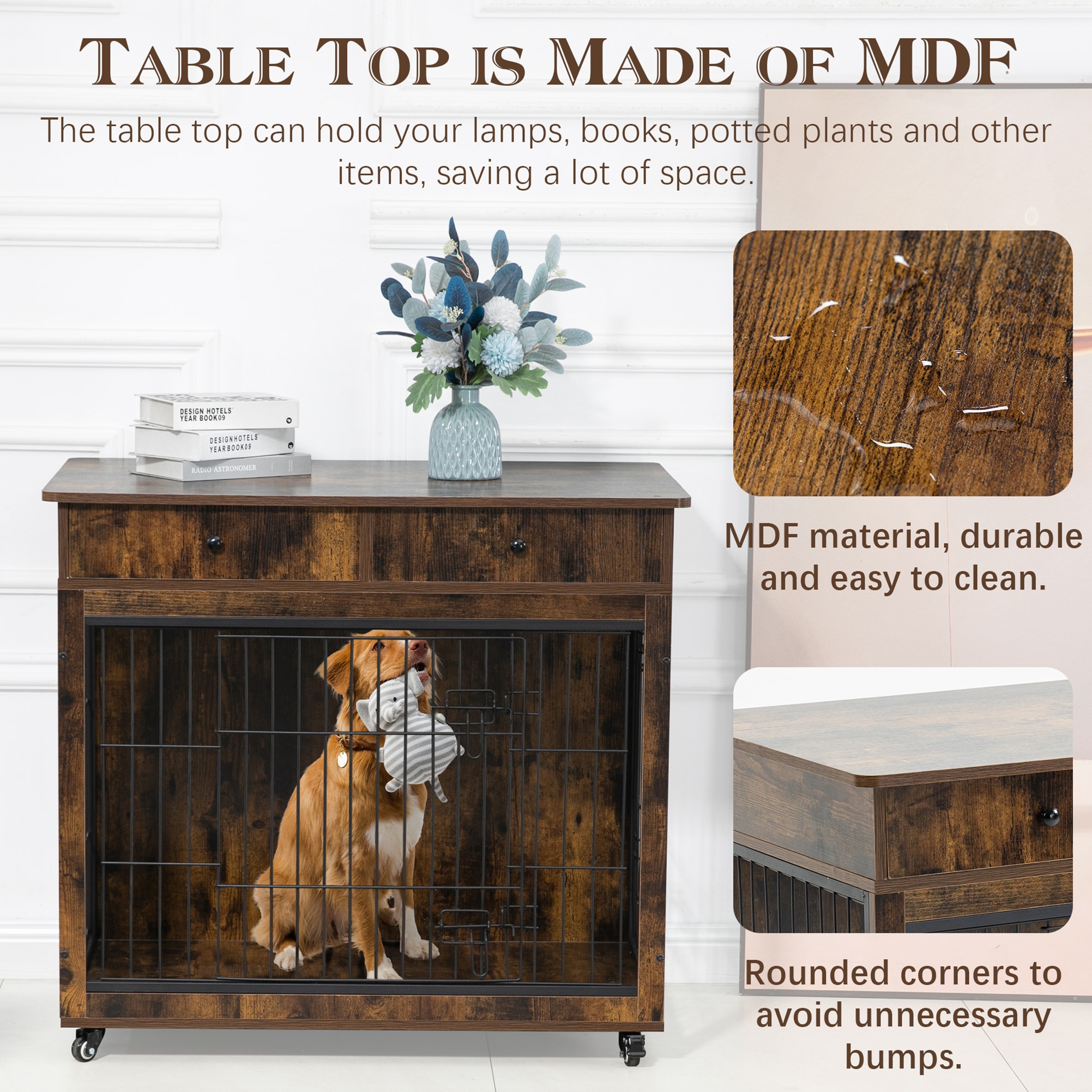 Kahomvis Mdf with Aluminum Dog Crate Large 3.2-ft L x 1.93-ft W x 2.9 ...