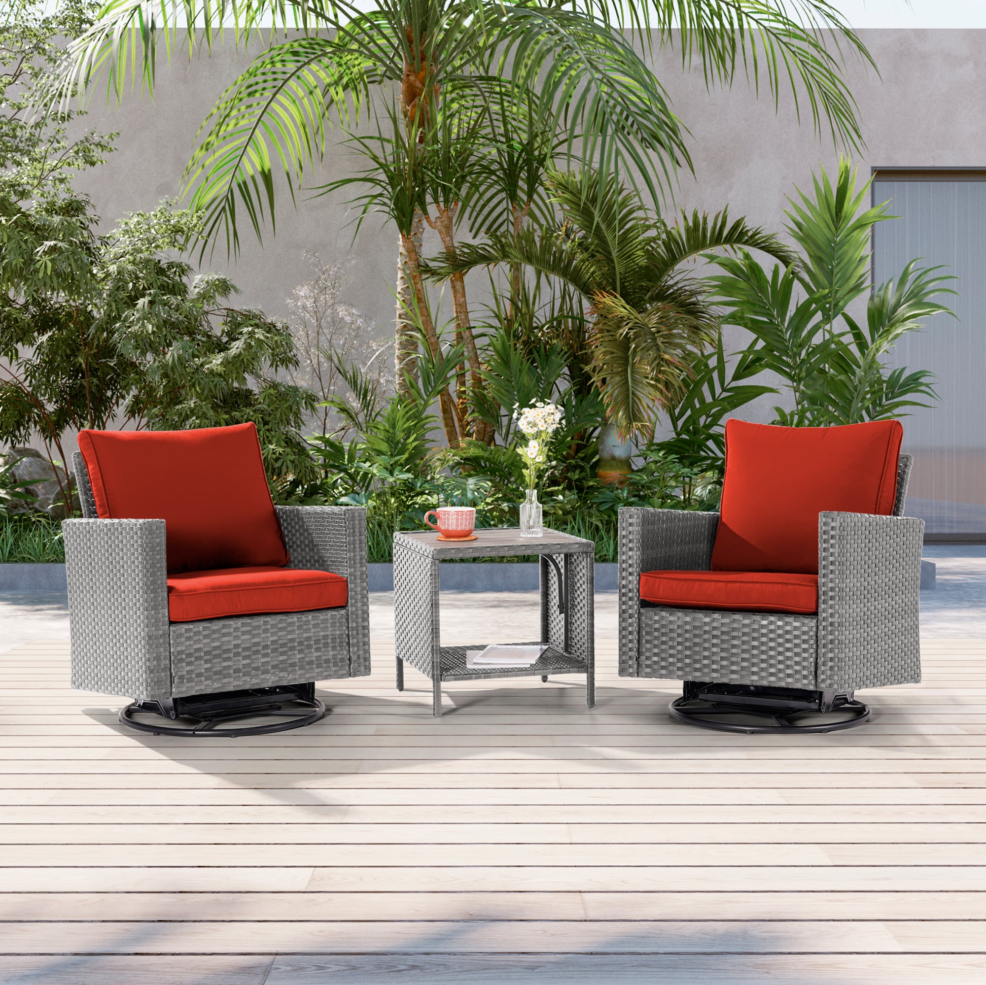 Sonkuki SD-PS2R-HOG-T3 Patio Conversation Set 3 -Piece Wicker Patio Conversation Set with Red Cushions