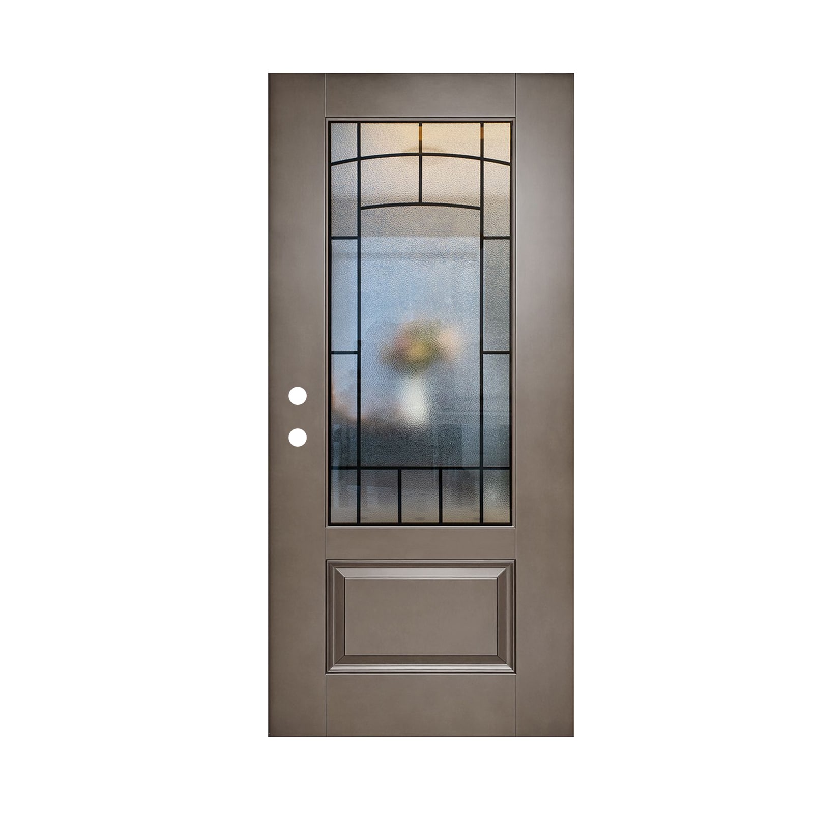 Tinyhomie 36 x 80 Fiberglass Entry Door Slab Only Right Hand Inswing Fiberglass Front Door Slab Brown 3/4 View Cloud Pattern Glass