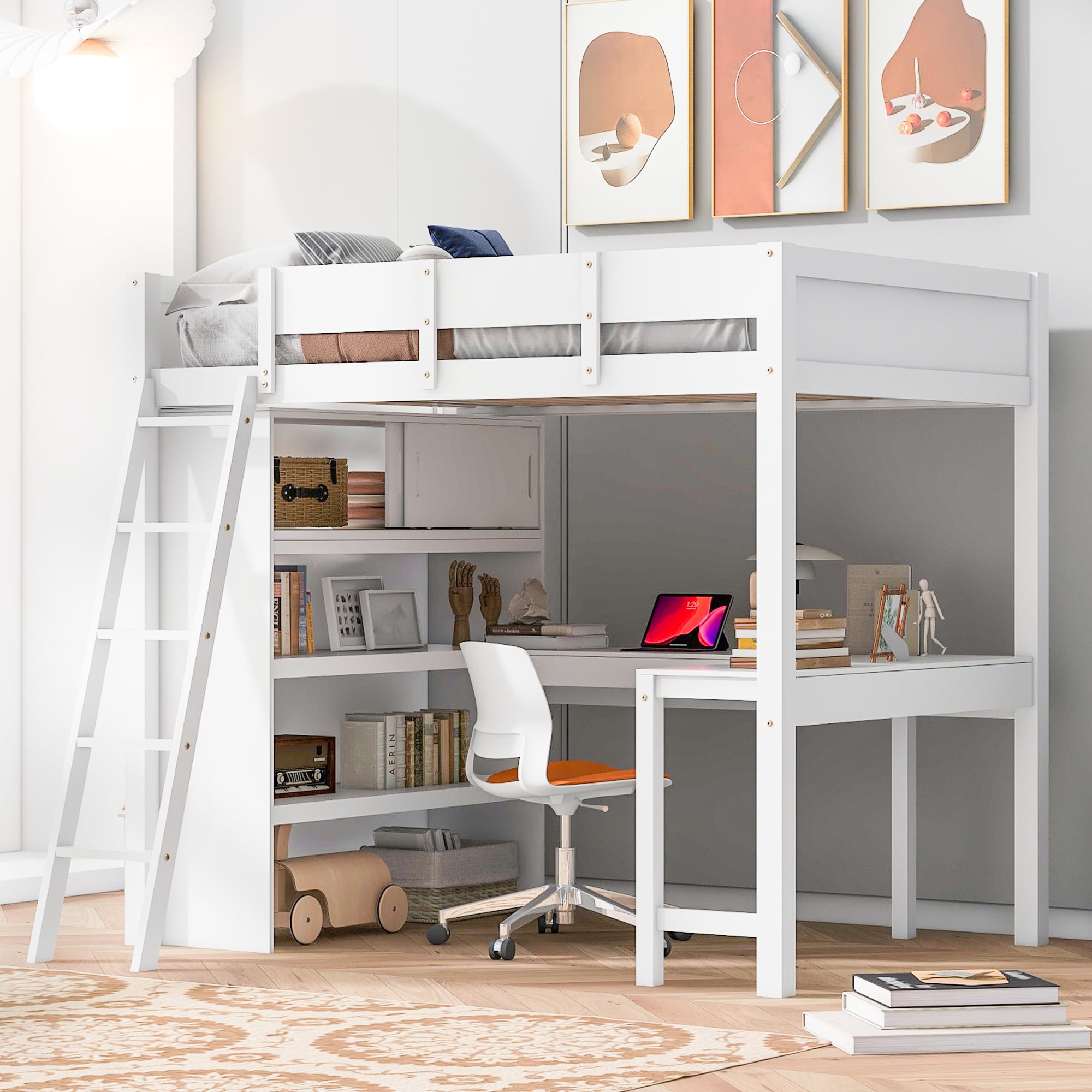 ModernLuxe L3P-LT000802AAK Full Size Loft Bed with Desk and Shelf  White