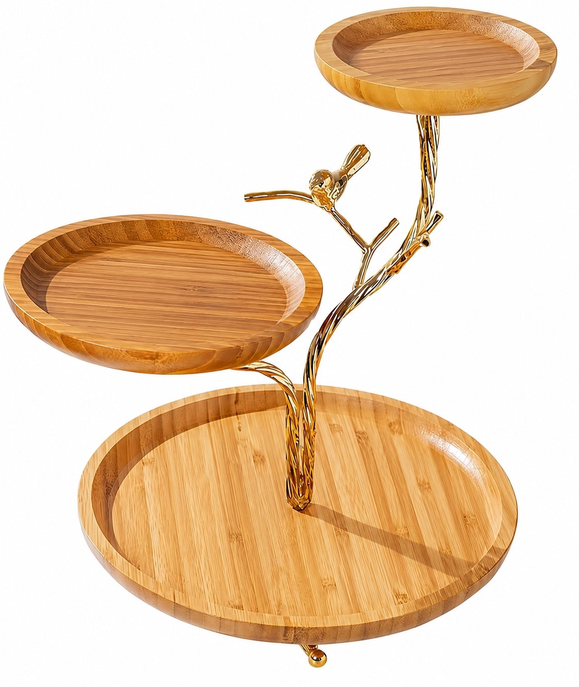 Aoibox Gold 3 Tier Bamboo and Electroplated Metal Fruit Basket Stand 13 in High with Round Serving Trays #LABFGQG9