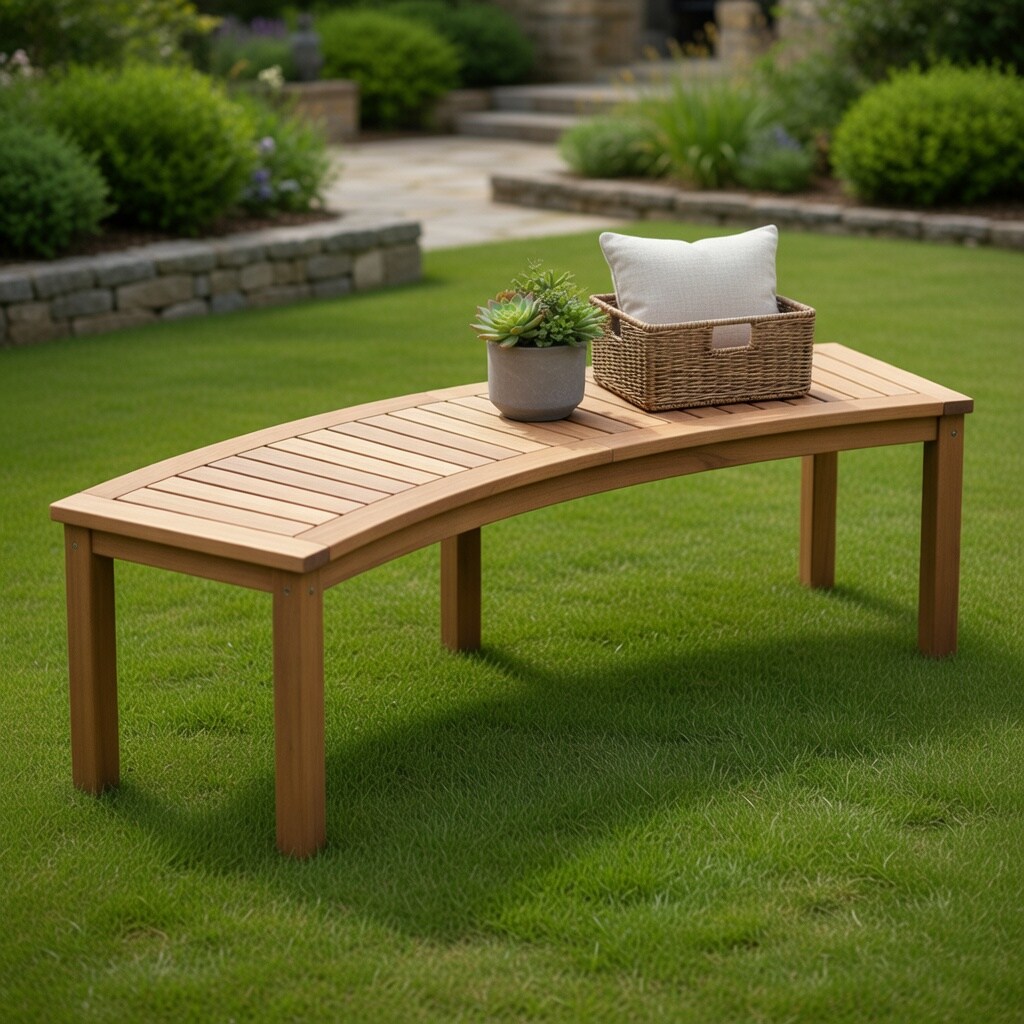 VERYKE WYC-WQ40207-VE1 58 Inch Curved Acacia Wood Fire Pit Patio Bench Rustic Slatted Seat Heavy Duty 800 LB Capacity Backyard Poolside Patio Furniture