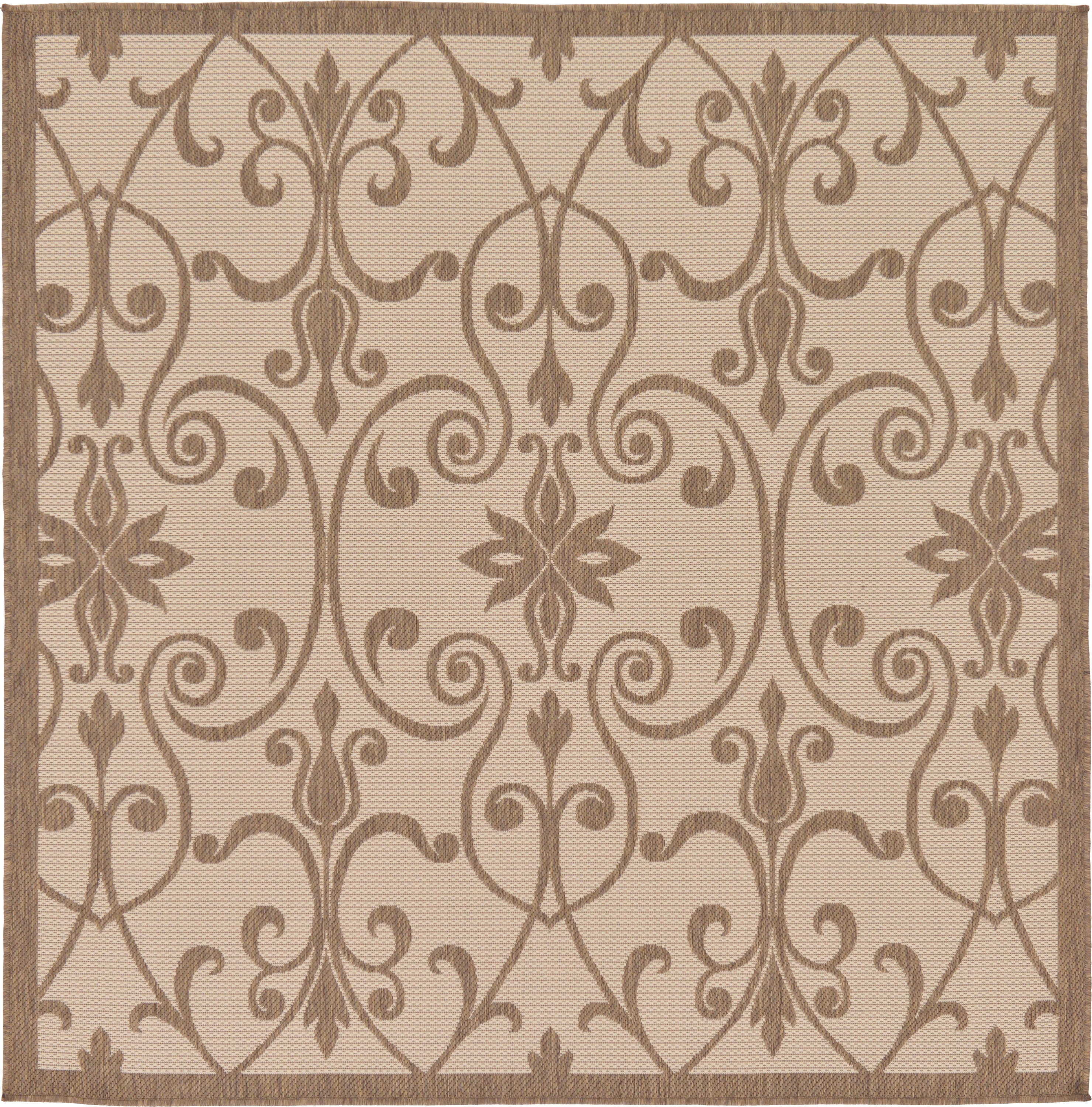 Unique Loom 3126597 Gate Outdoor 6 x 6 (ft) Loomed Polypropylene Brown/Beige Square Indoor/Outdoor Damask Vintage Area rug