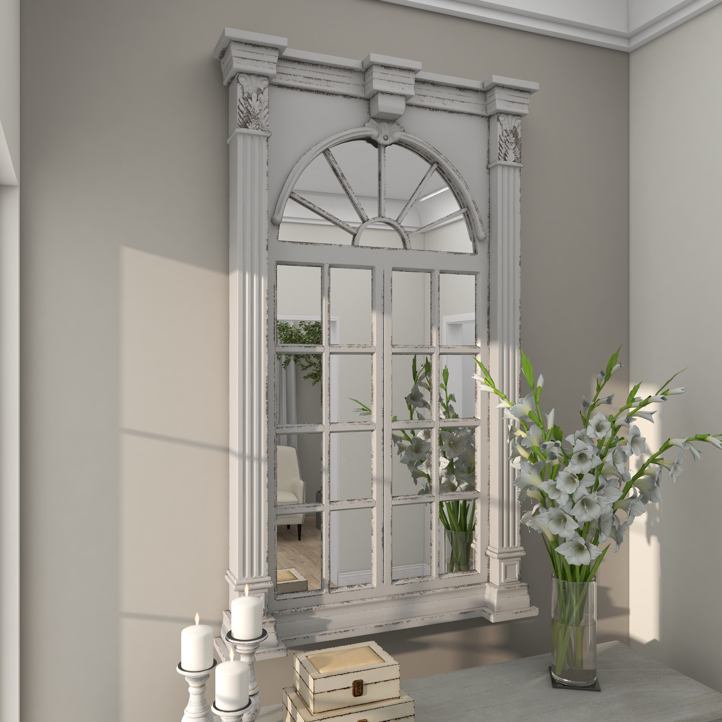 Cream Wood Windowpane Arched Wall Mirror with Distressed Finish