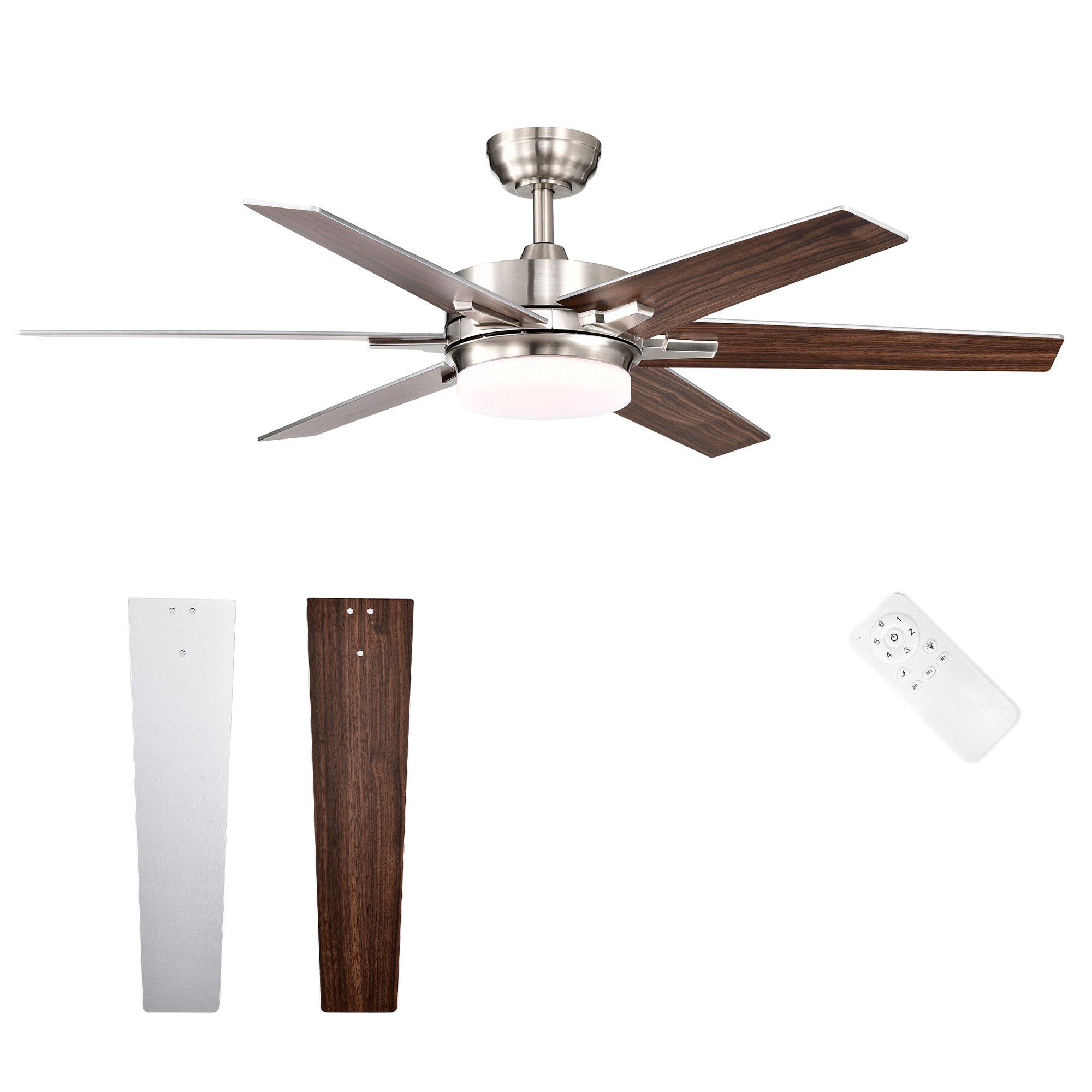 Edvivi FFG7621BN Barkley 52-in Color-Changing Integrated LED Brushed Nickel with Silver / Dark Walnut Blades Ceiling Fan With Light - Remote Included ( 6 -Blade )