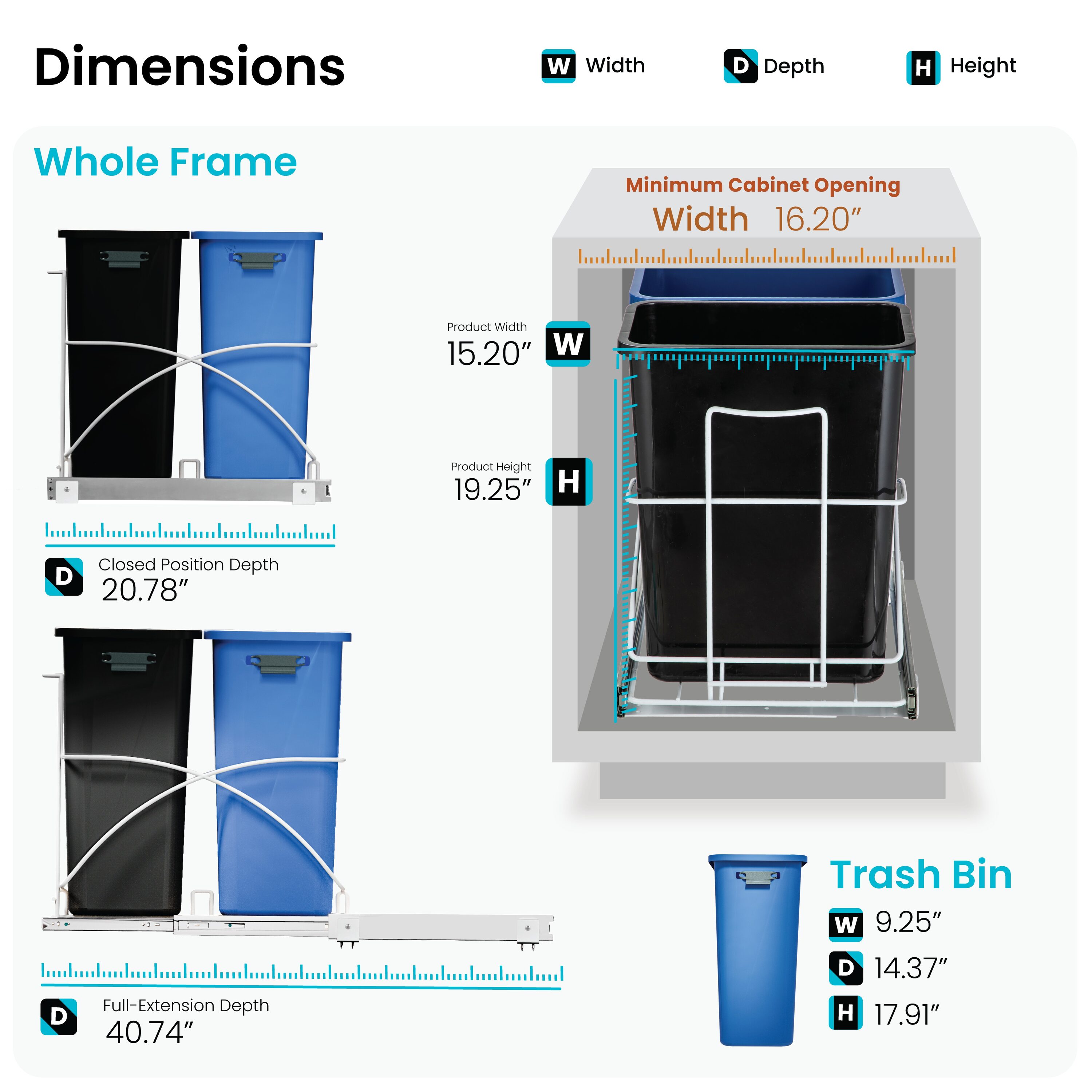 Dual Compartment Black and Blue Plastic Pull-Out Kitchen Trash Can