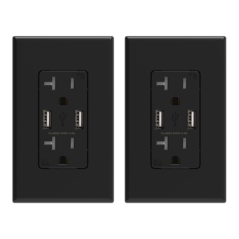 ELEGRP USB Wall Outlet Receptacle with Dual 4.0 A USB Ports 20 Amp Duplex Tamper Resistant Receptacle Charging Power Outlet with USB Ports Screwless Wall Plate Included UL Listed 2 pc Black #R1620D40-BL2