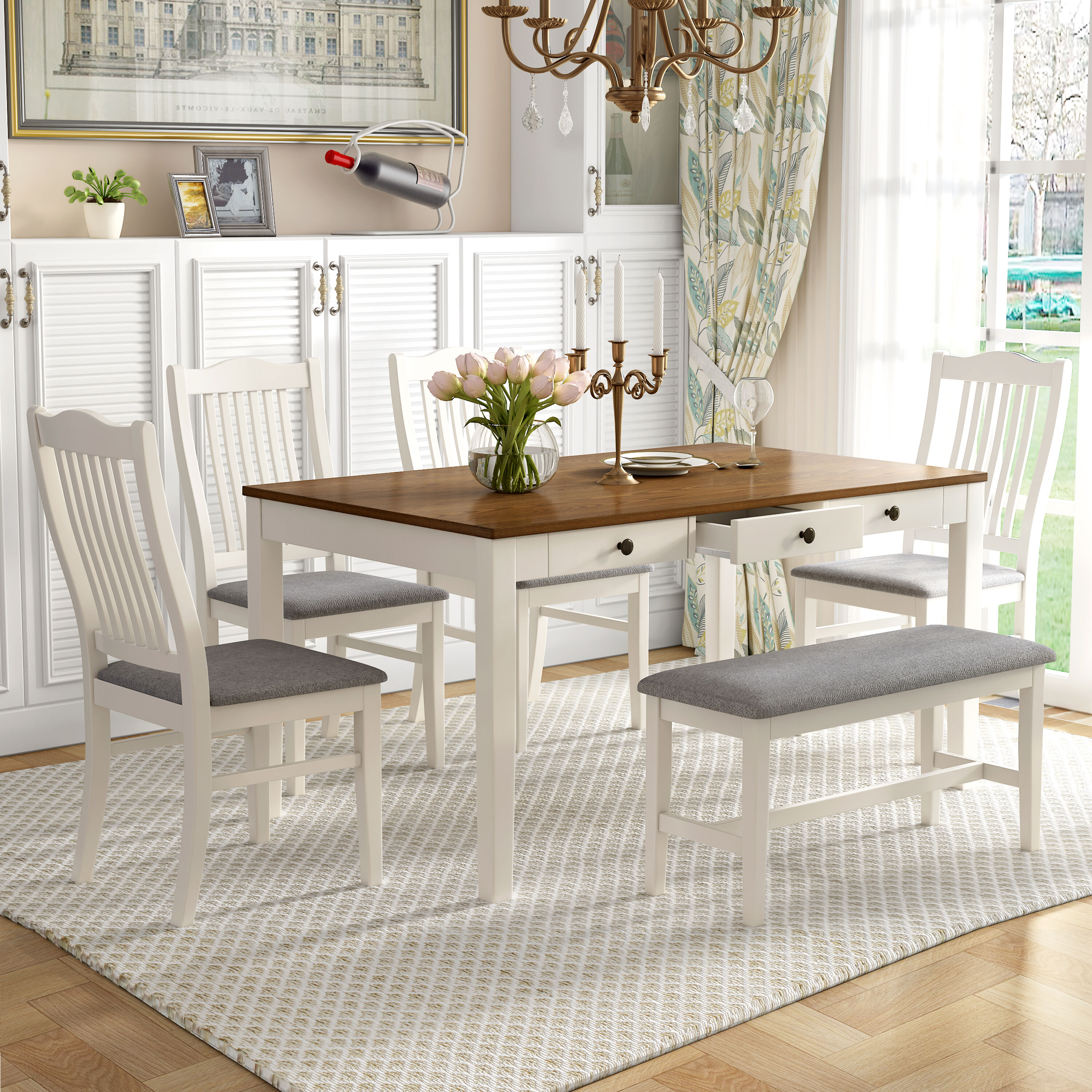 ModernLuxe SP000006AAA MidCentury 6Piece Wood Dining Table SetKitchen Table Set with DrawerUpholstered Chairs and BenchButter Milk