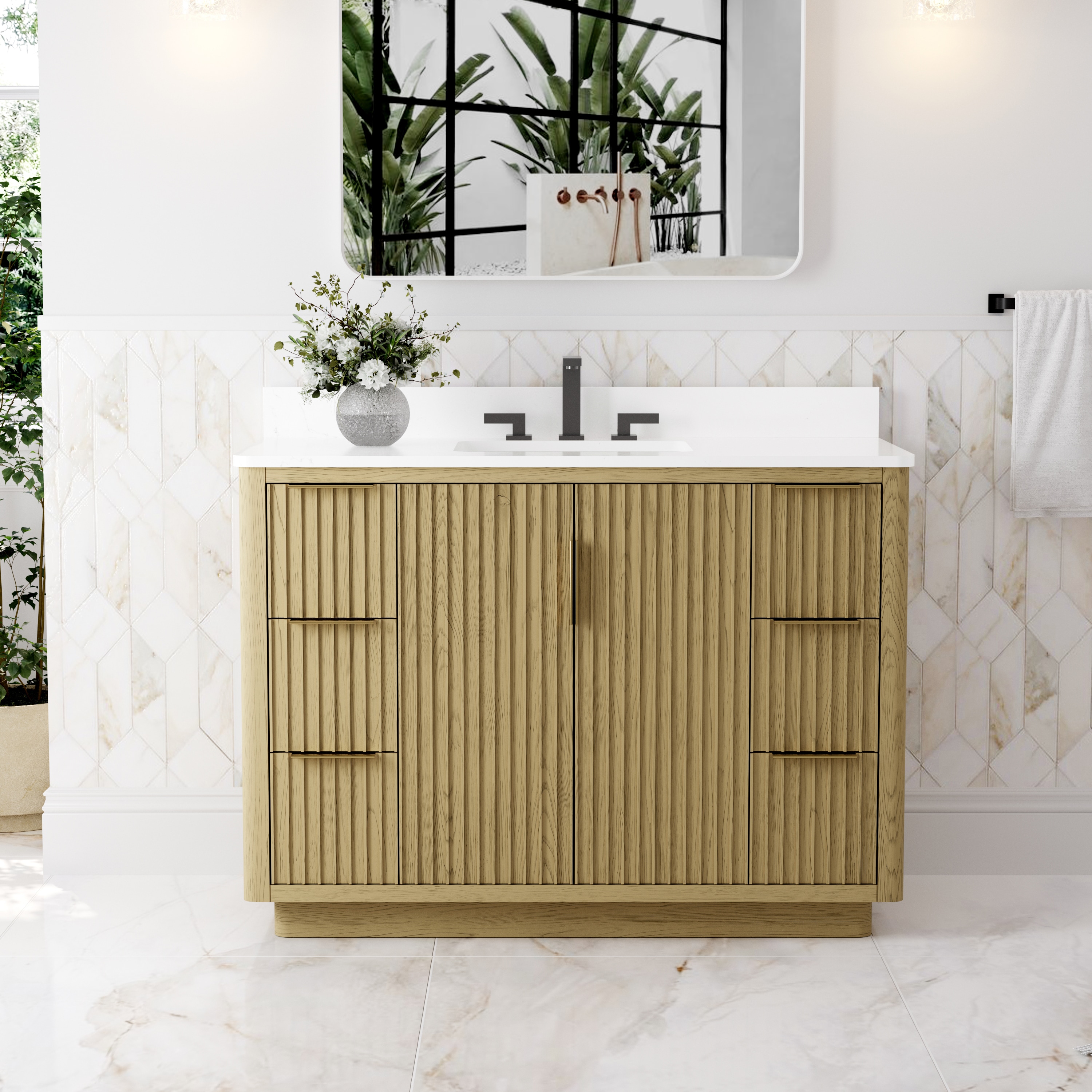 Forclover - Solid OAK Wood 48-in OAK Undermount Single Sink Bathroom Vanity with White Quartz Top...