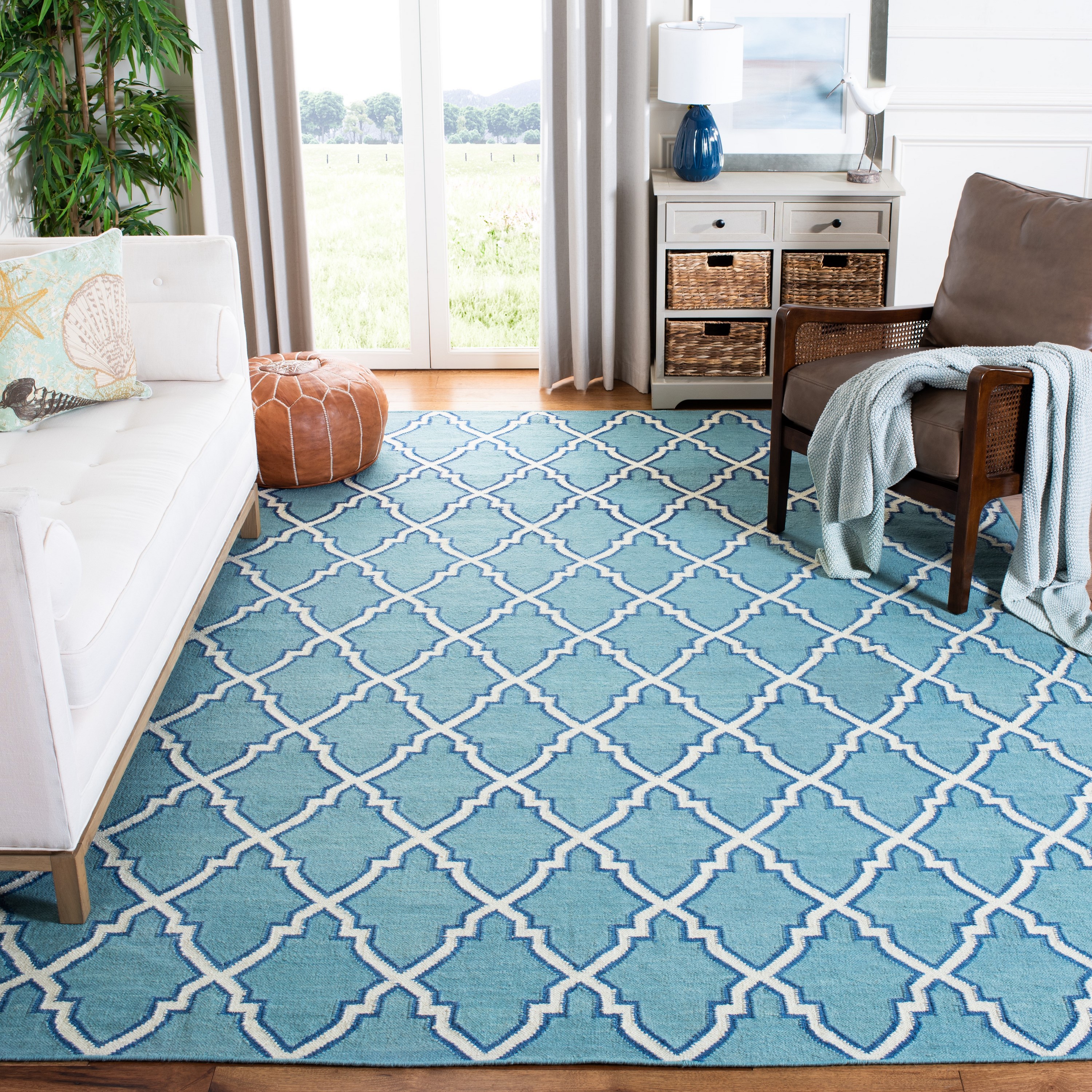 Safavieh DHU564B-9 Dhurries Redivy 9 x 12 (ft) Wool Light Blue/Ivory Rectangular Indoor Trellis Coastal Area rug
