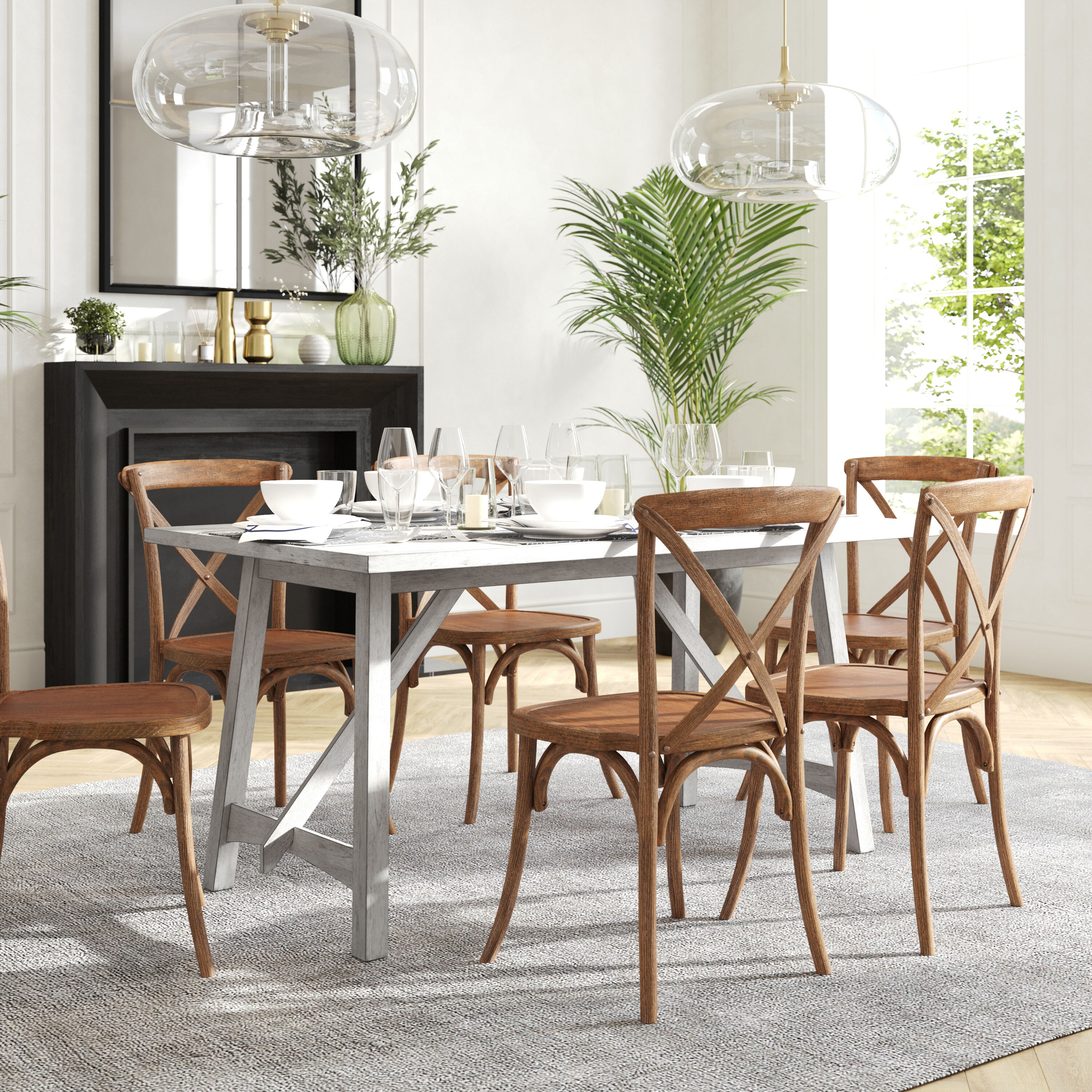 Flash Furniture 196861114274 Everly 60-in Solid Wood Trestle Base Dining Table; Farmhouse Style Commercial Grade Table with Seating for 6; Antique White Finish