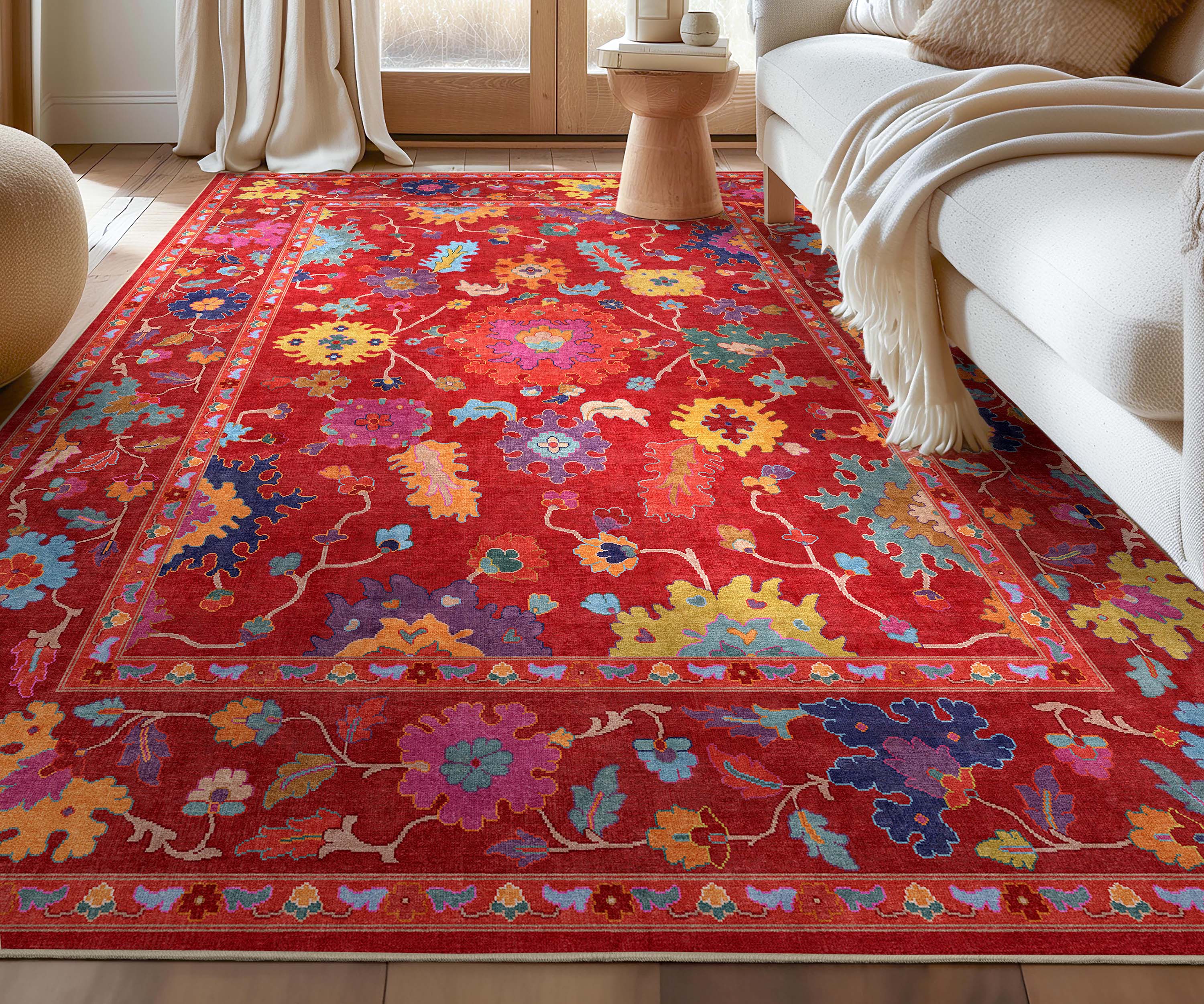 Well Woven W-US-04B-7 Ushak 8 x 10 (ft) Polyester Red Rectangular Indoor Floral/Botanical Vintage Area rug