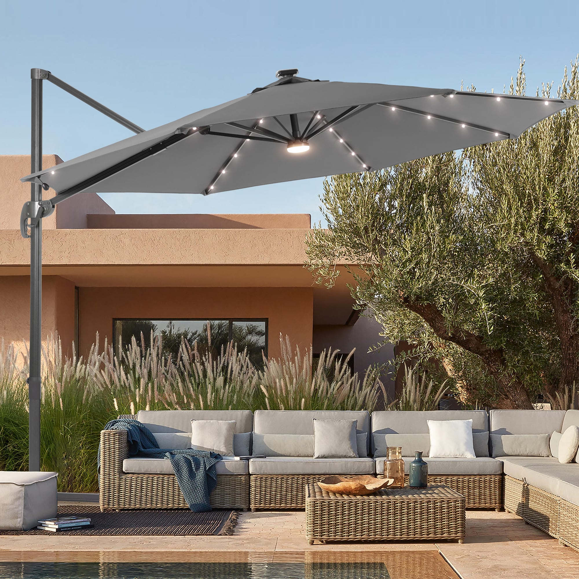 Sonkuki SD-MN335GY-LED 11-ft Aluminum Gray No-tilt Cantilever Patio Umbrella with Lights