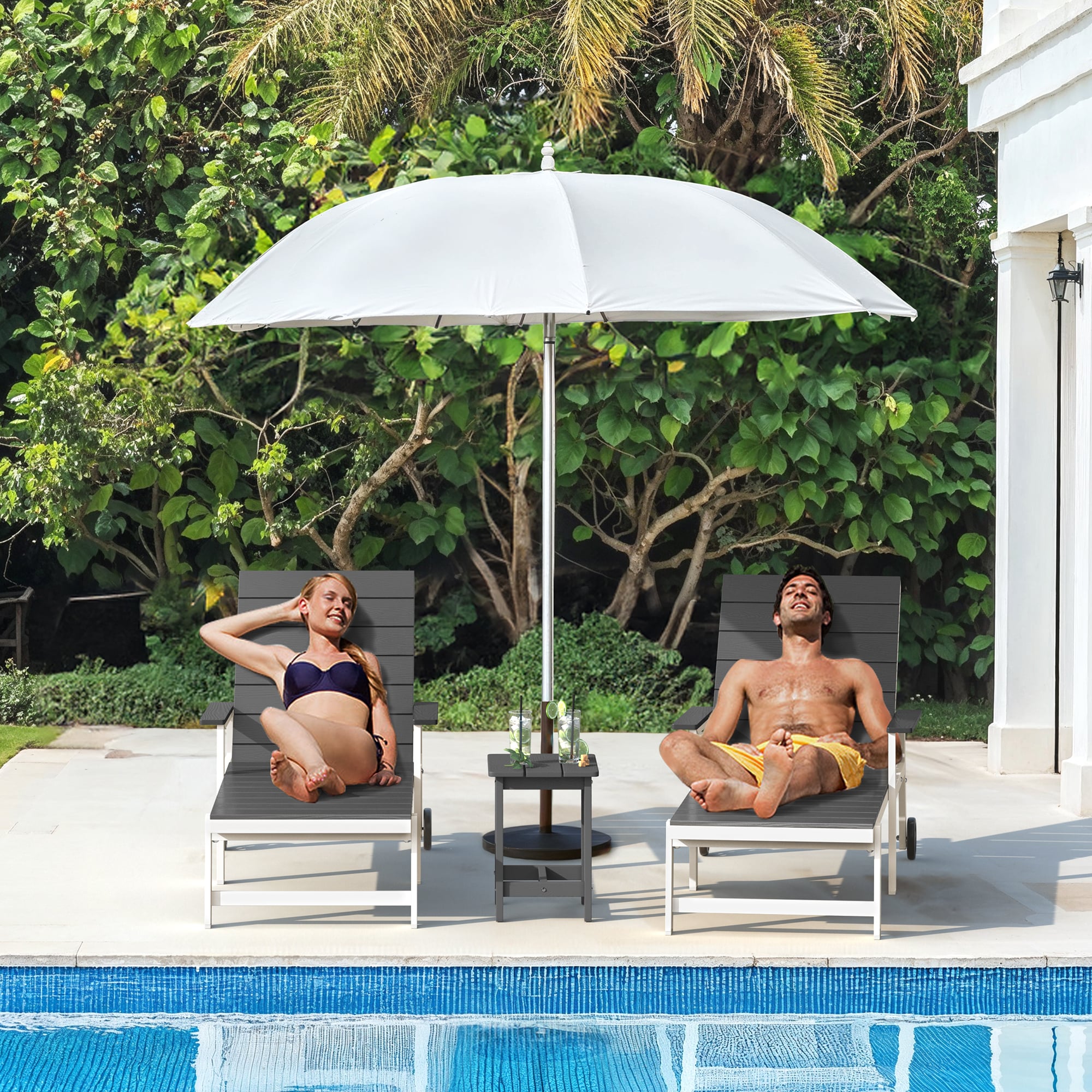 Yurevna 2JT-005-02LS Chaise lounge Set of 2 Dark Grey HDPE Frame Stationary Chaise Lounge Chair with Slat Seat