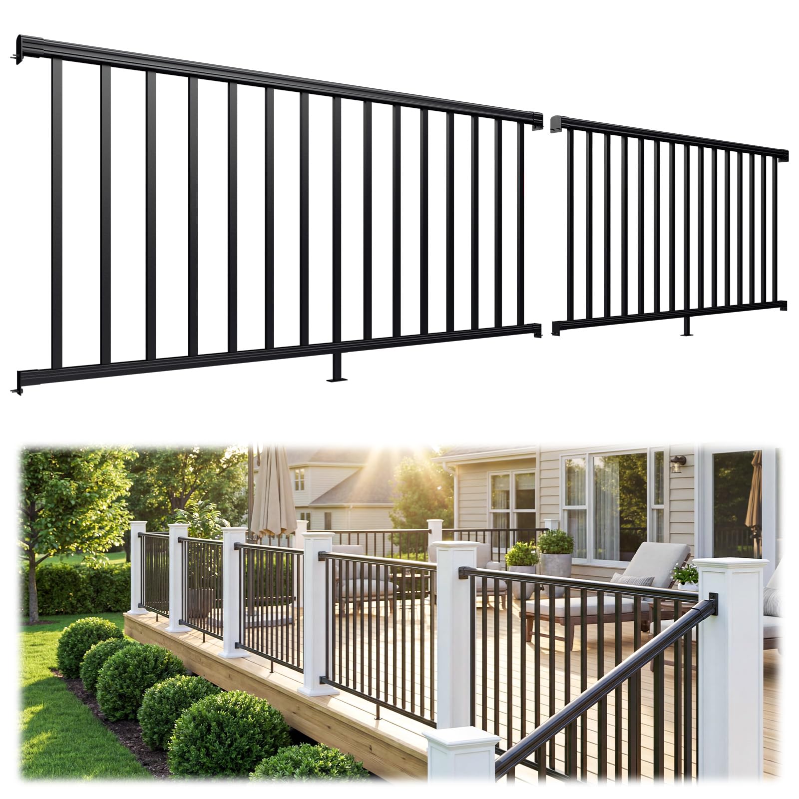 Phyfalip  2 pack 36 in H x 6 ft W Aluminum Porch and Deck Railing Kit Without Post Black Textured Finish Modular Rail System ASTM Compliant