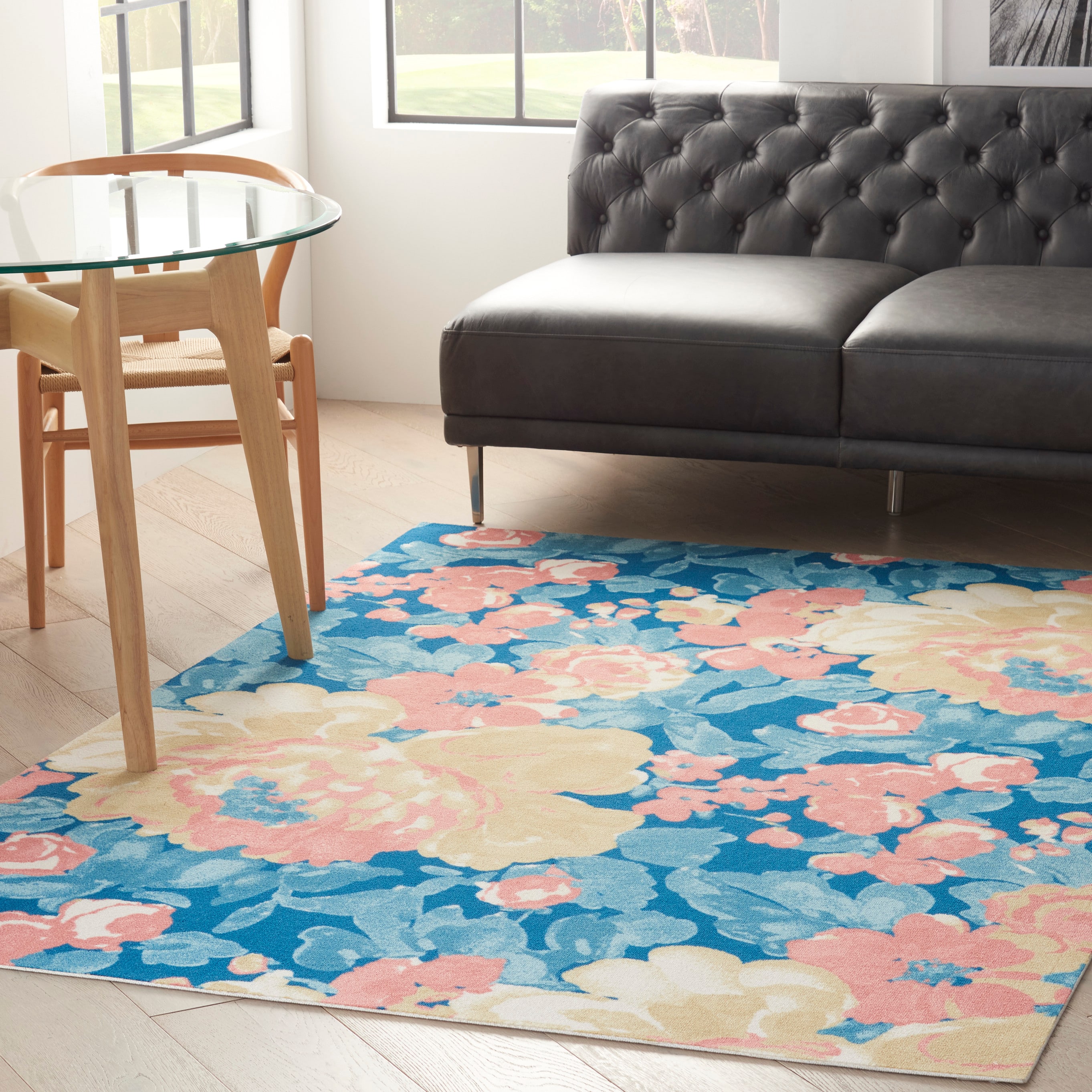 Handmade Blue Floral Synthetic 5' x 7' Rectangular Rug