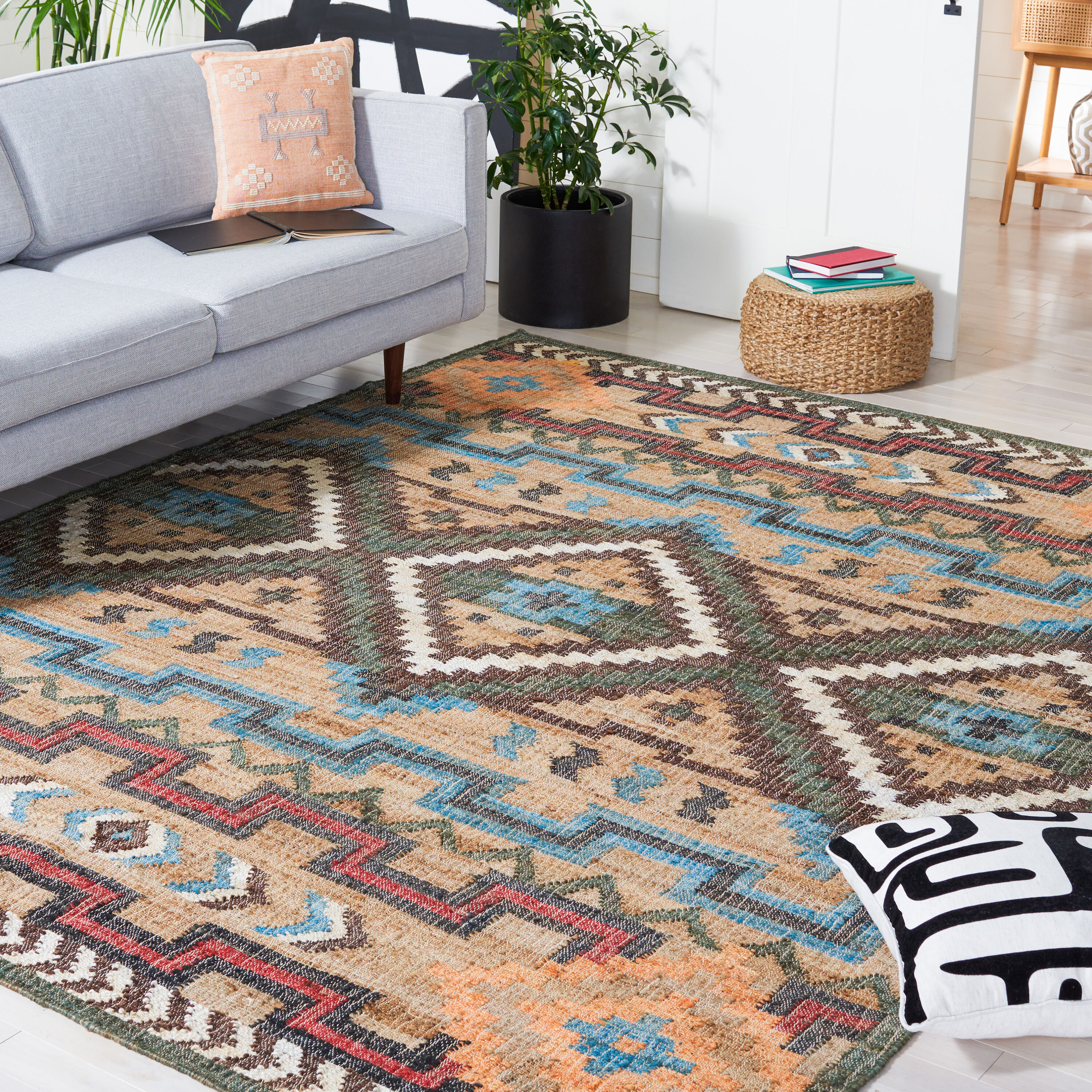  Kilim 760 Natural/Blue Bohemian 8Ft x 10Ft Large Rectangle Rug