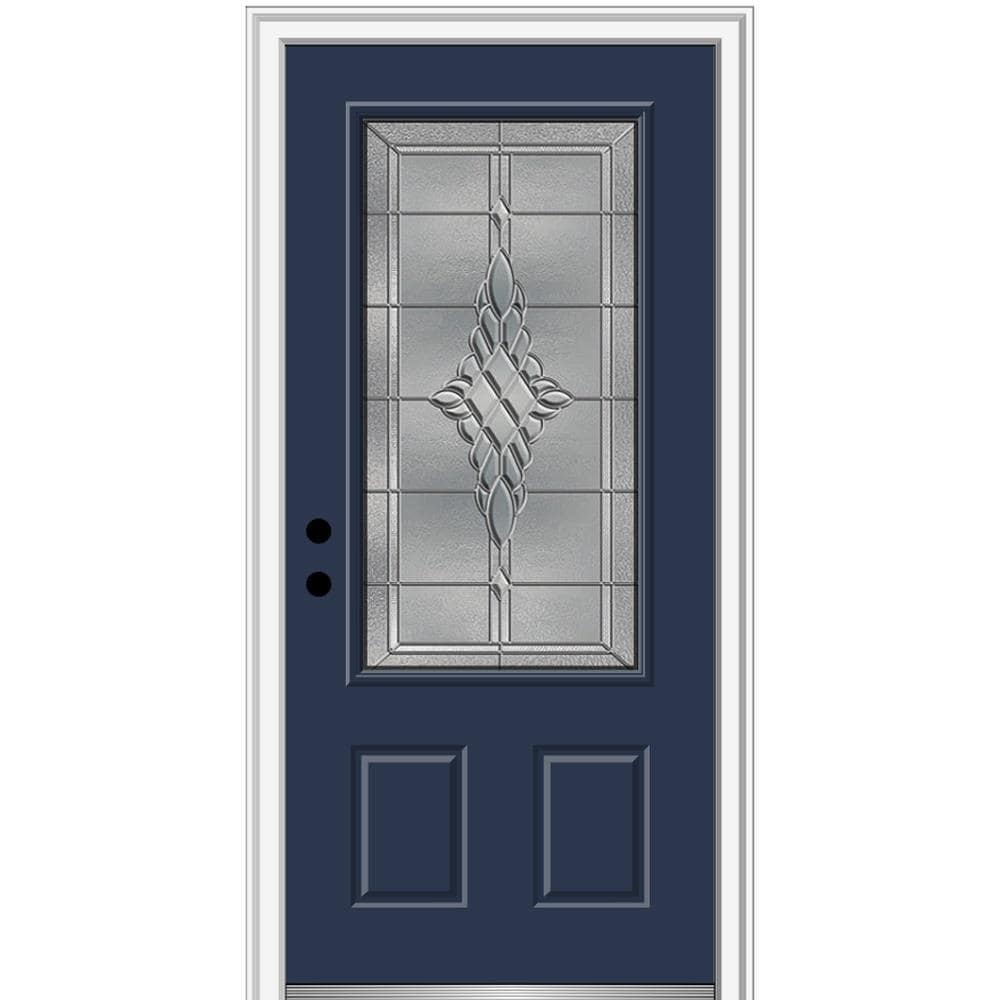 MMI DOOR ZZ3667006R 36-in x 80-in x 4-9/16-in Fiberglass 3/4 lite Right-hand inswing Naval Painted Prehung Front Door with Brickmould Insulating core
