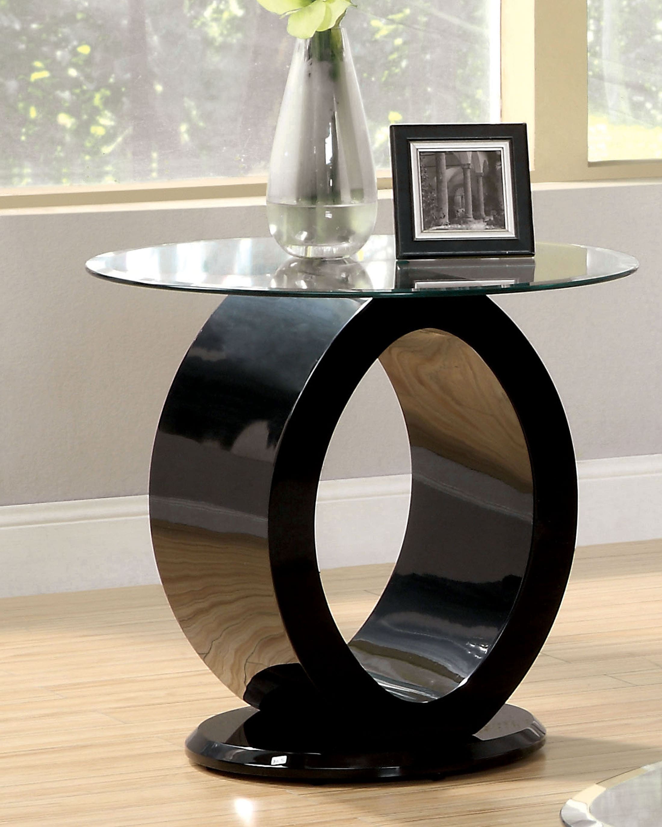 Furniture of America IDF-4825BK-E Merrimack 23.5-in W x 21.88-in H Black Glass Round Modern End Table Assembly Required