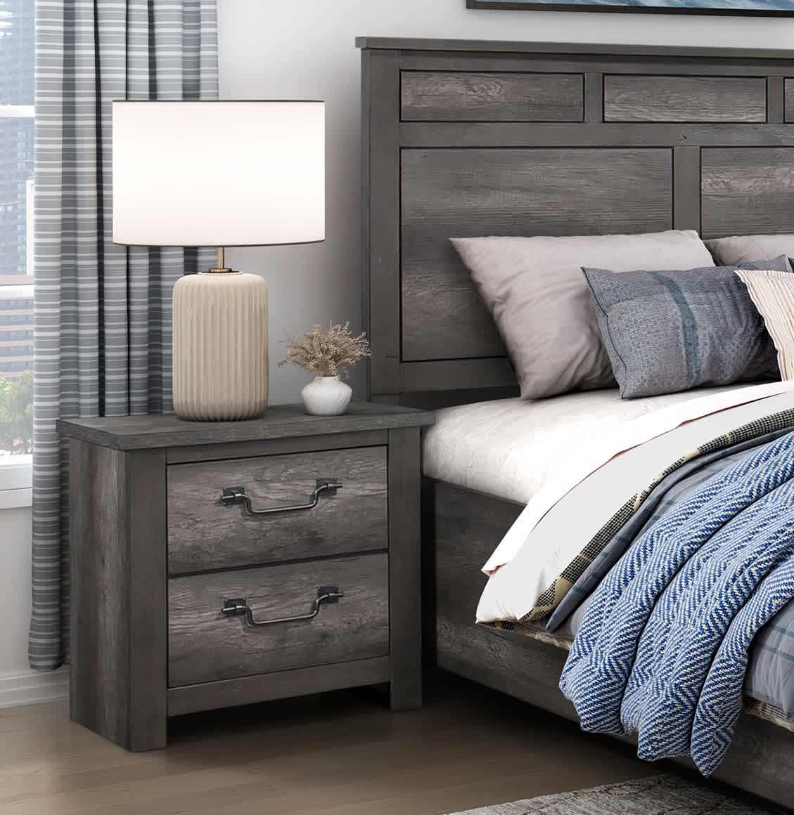 Vynxaria  1pc Traditional Nightstand   Gray Finish  2 Dovetail Drawers  Premium Melamine Board  Gunmetal Handles  Bedroom Bedside Cabinet