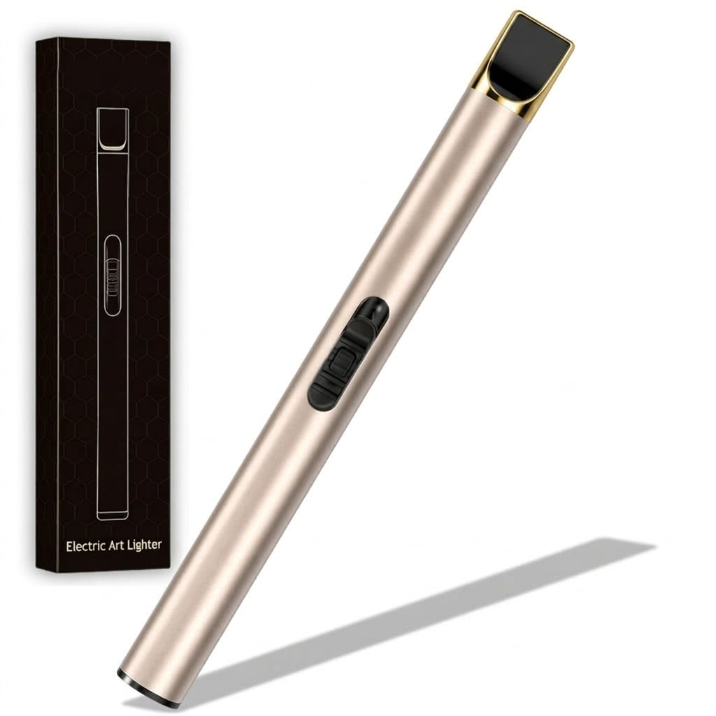 Phewnyzo  Electronic Arc Candle Lighter Windproof Flameless USB Powered Safe Button for Home Kitchen Champagne Gold Easy to Use 1 Piece
