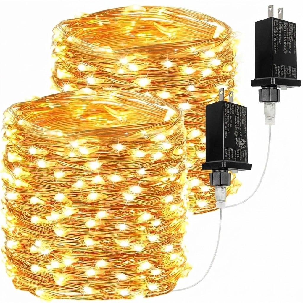 Anqtovp 2 pack 66 foot 200 LED fairy lights plug in warm white string lights indoor outdoor waterproof copper wire with timer 8 modes memory #L05AN07023