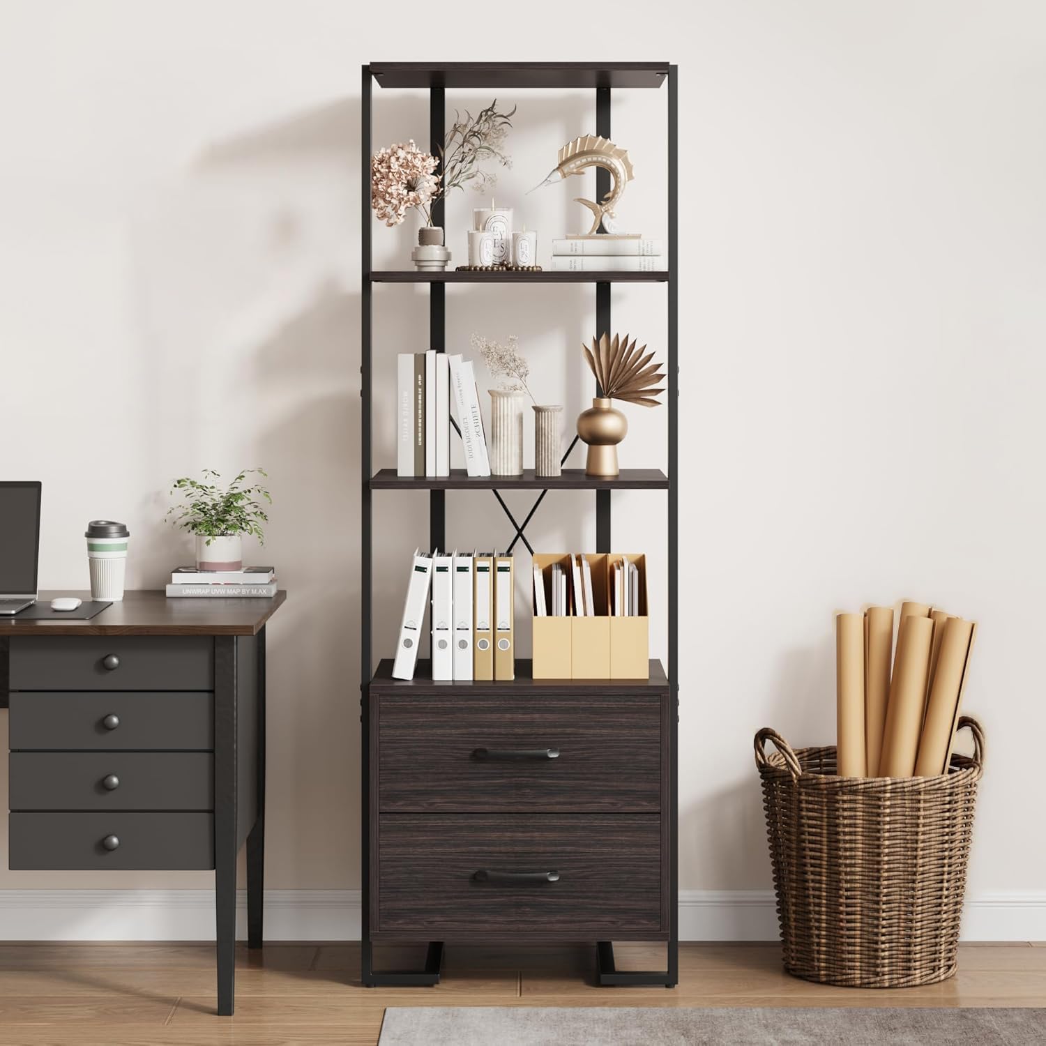 Qeetex LHF-SJ-PHO-10EOMQVQ 4 Tier Bookshelf with Storage Drawers - 70.9 Inch Tall Industrial Book Shelf with Open Display Shelves - 4 Shelf Bookcase with Metal Frame for Living Room/Bedroom/Office - Dark Brown