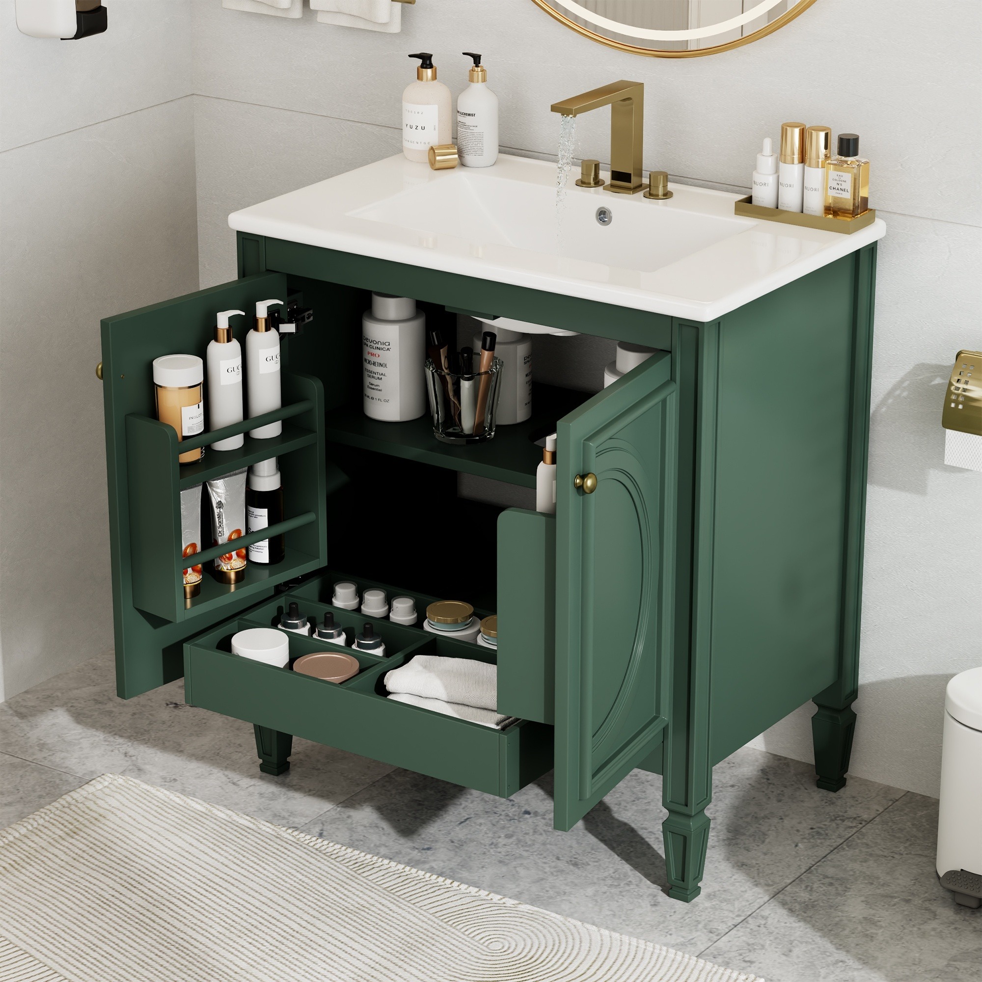 IAK 30 inch Green Painted Finish Rubber Wood and MDF Bathroom Vanity with Ceramic Sink and Soft Close Door Hinges