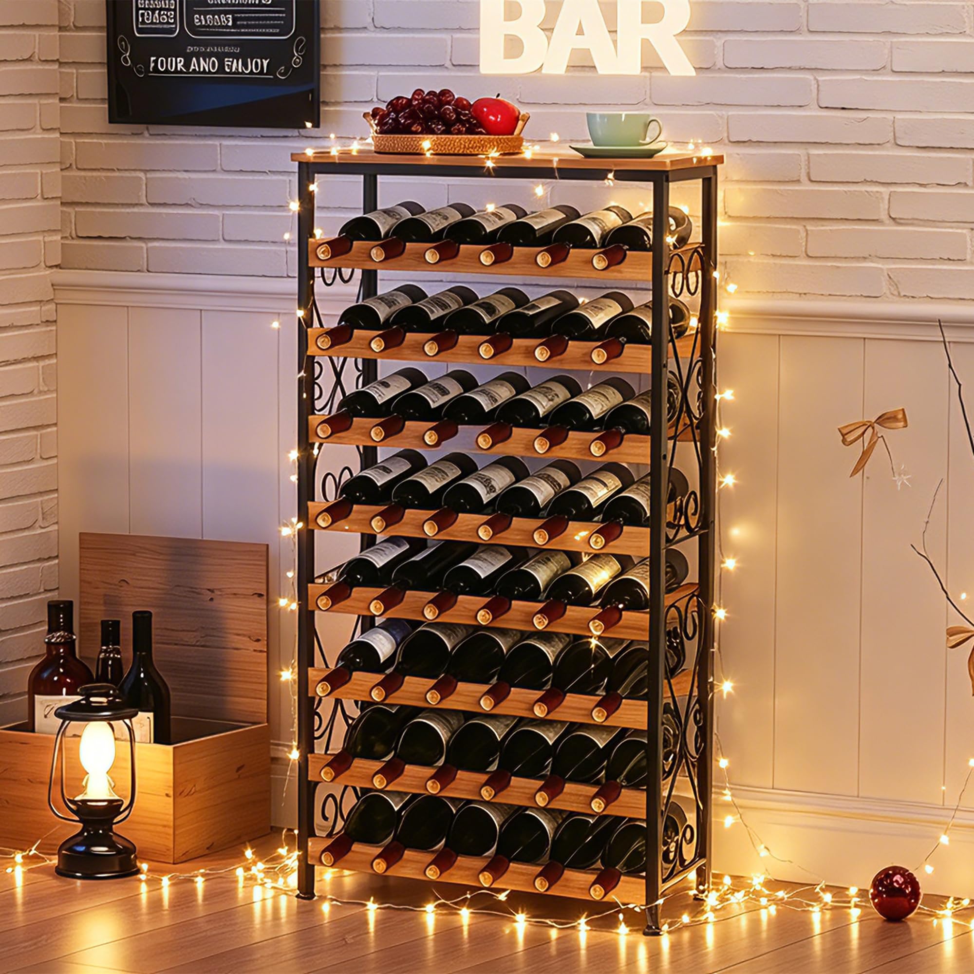 Etokfoks 48 Bottle Black Brown Iron and Wood Freestanding Floor Wine ...