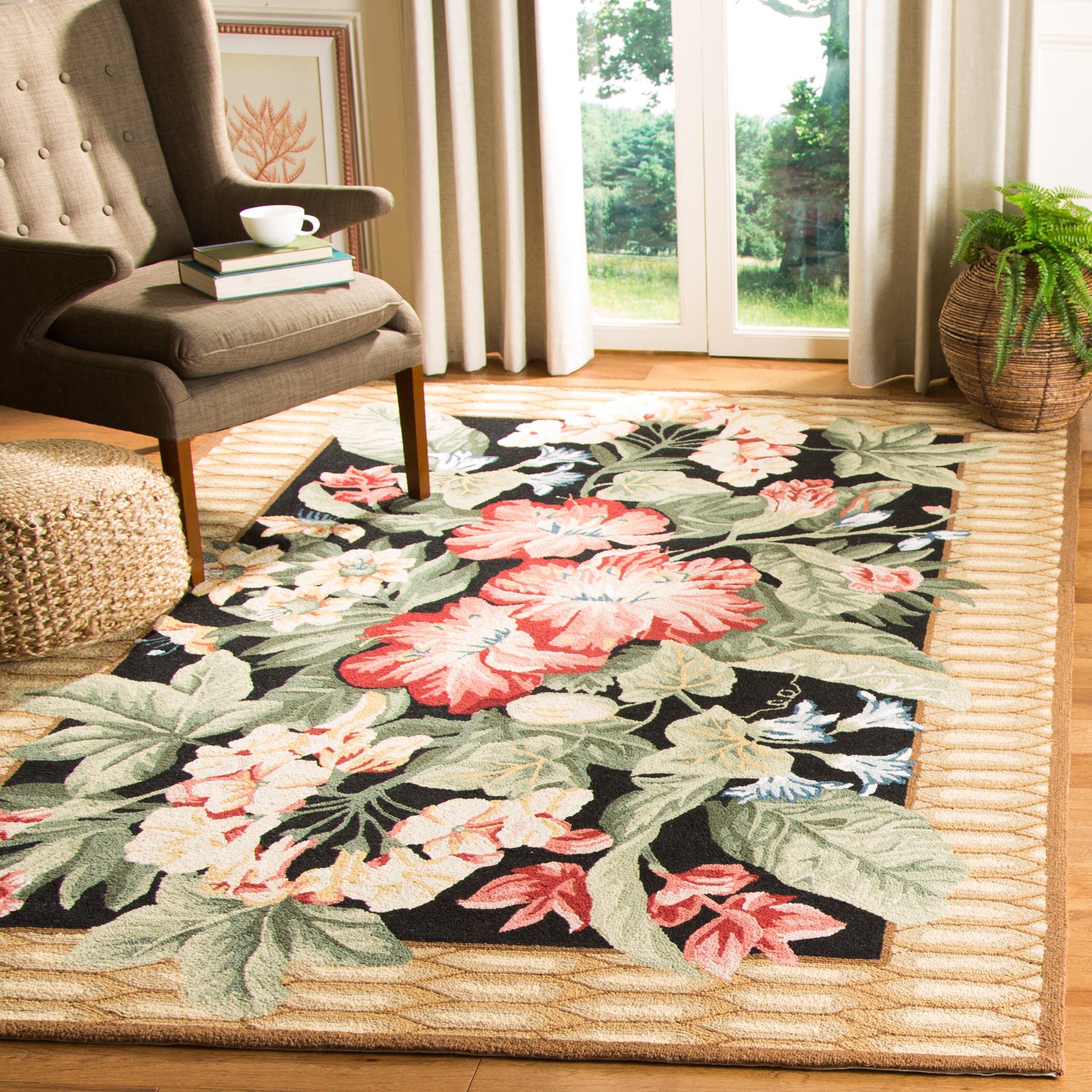  Hk301 Black/Brown Country Floral 6ft x 9ft Medium Rectangle Rug