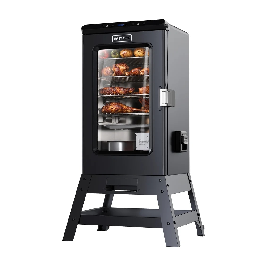 East Oak 30-In Ridgewood Pro 725-Sq. In Black with Elevated Stand and Wheels Built-In Meat Probe Clear Viewing Window Electric Smoker