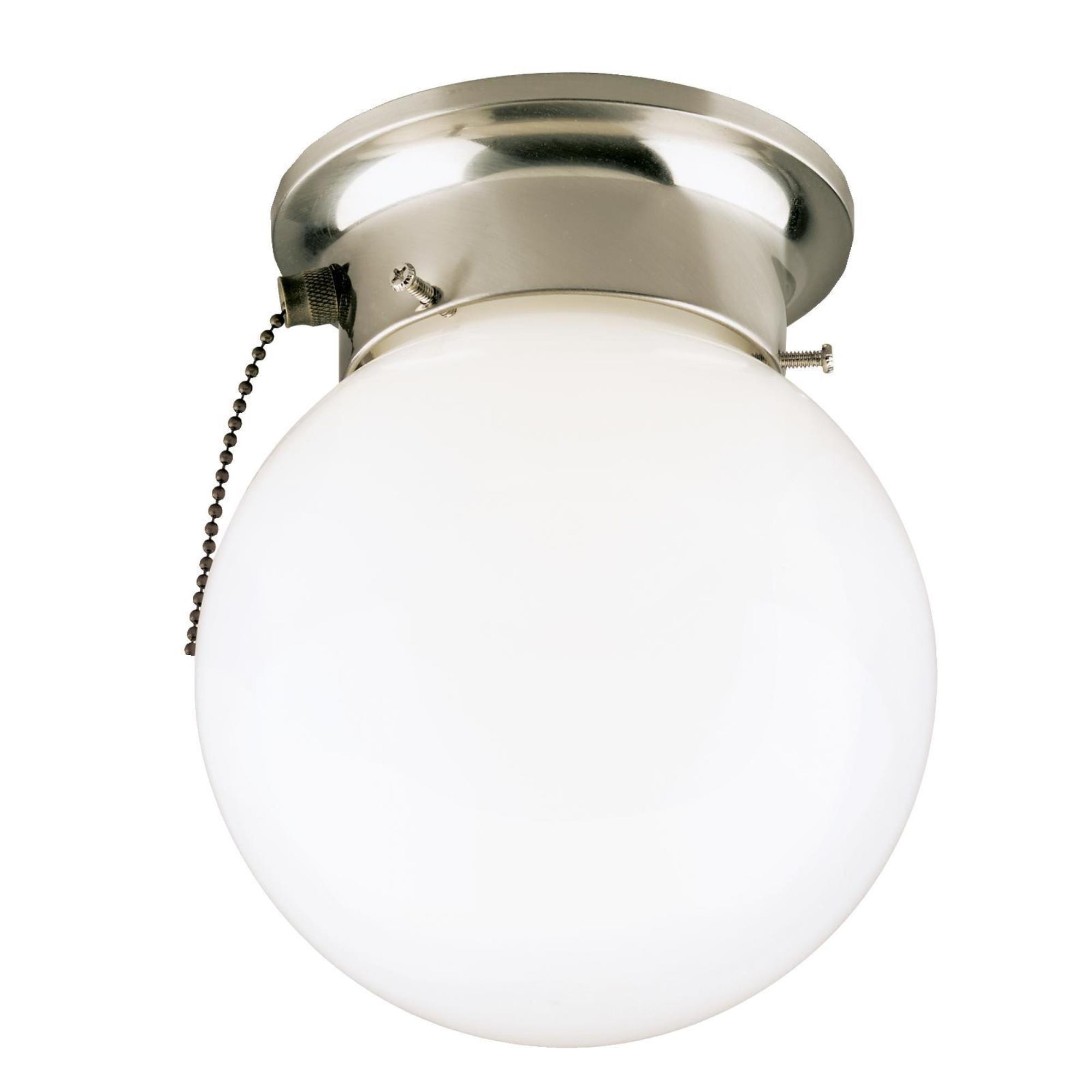 Westinghouse Lighting Westinghouse One Light Flush Mount Interior Ceiling Fixture with Pull Chain  Brushed Nickel Finish with White Glass Globe