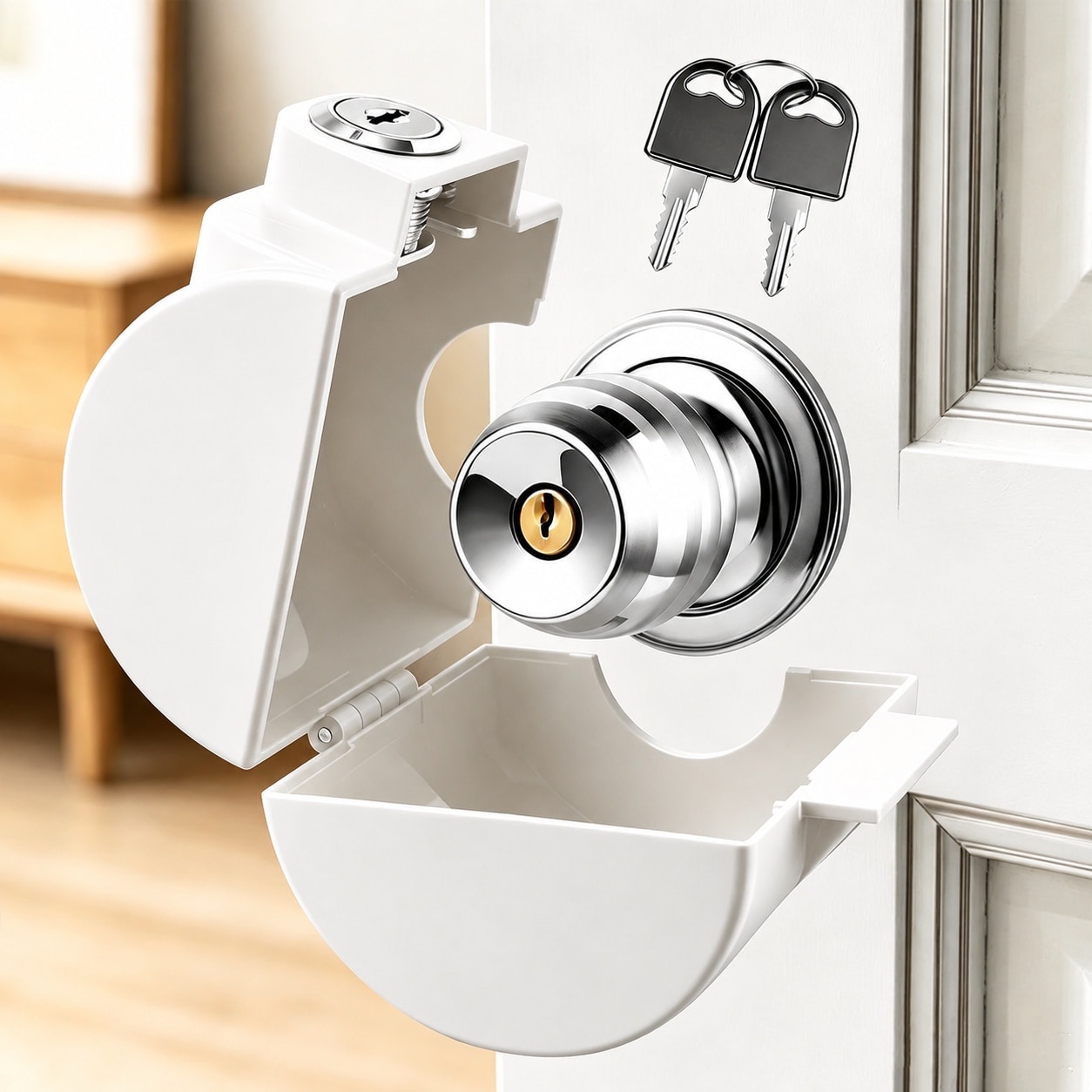 SenQWFa  Keyed Child Safety Door Knob Lock Universal Fit for Standard Round Door Knob Tool-Free Easy Installation White durable home and garden