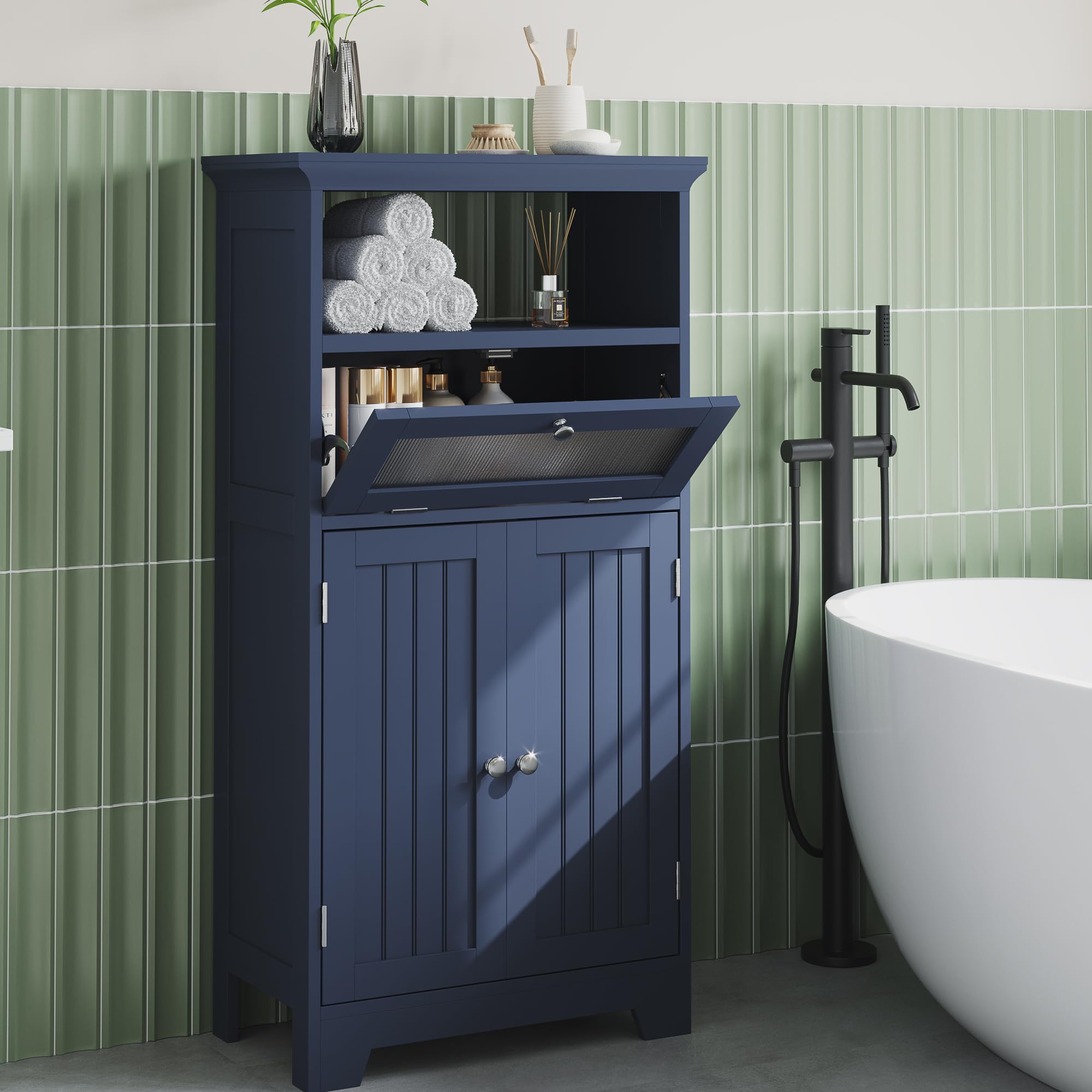 JVFCXXV  Bathroom Floor Storage Cabinet with Flip Glass Drawer Freestanding with Two Doors Adjustable Shelf and One Open Storage Navy Blue