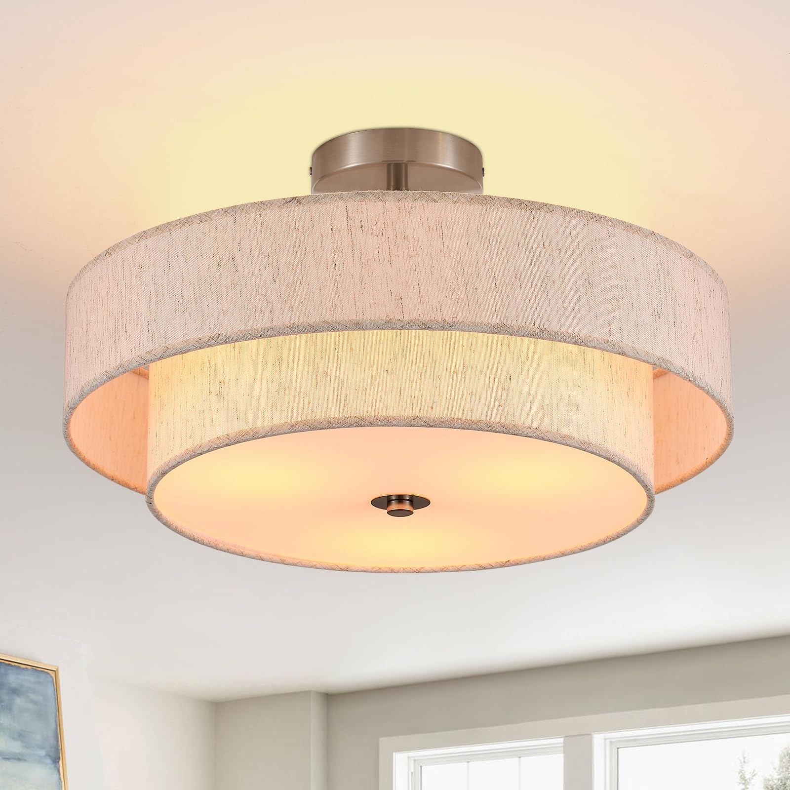 AOIZGMY  18 Inch Semi Flush Mount Ceiling Light 3 Light Modern Linen Drum Ceiling Lighting with Chrome Finish for Living Room Kitchen Bedroom