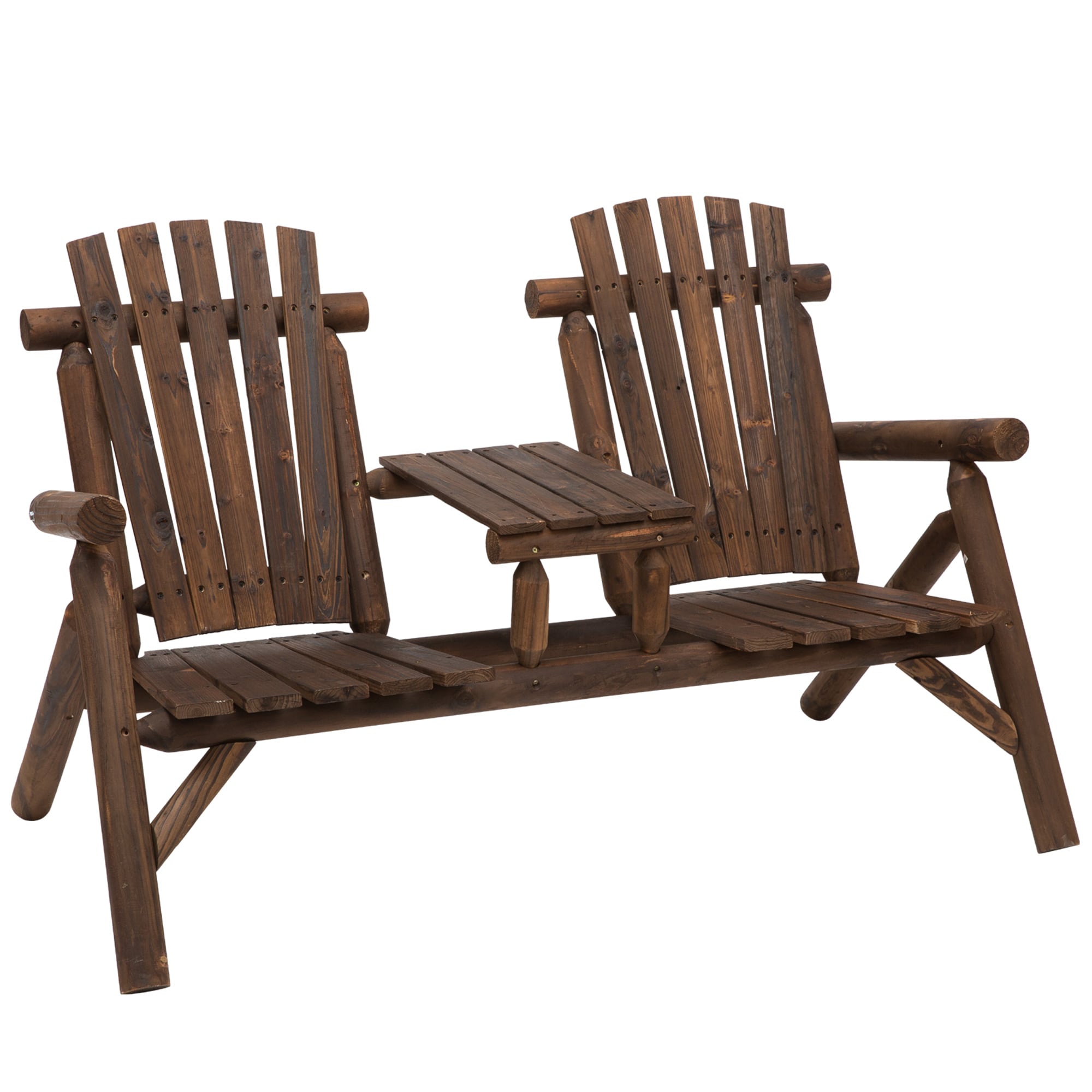 LOVMOR SF-L-W2225P174103 2-Seat Wooden Adirondack Chair Patio Bench with Table Outdoor Loveseat Fire Pit Chair Carbonized